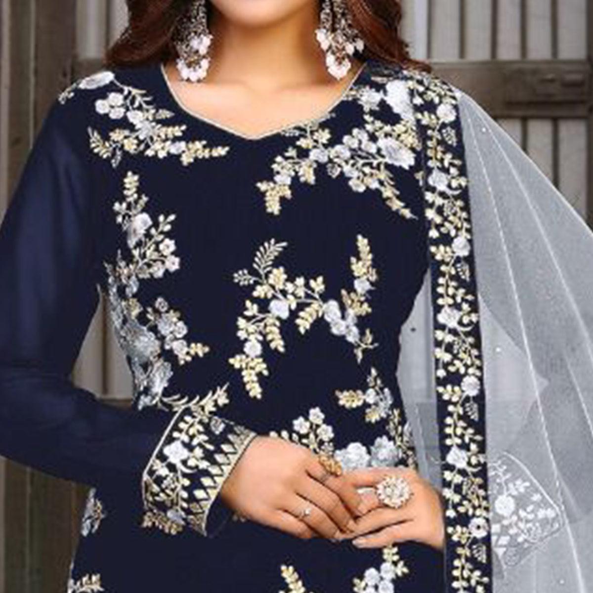 Royal Blue Partywear Embroidered Heavy Faux Georgette Salwar Suit - Peachmode