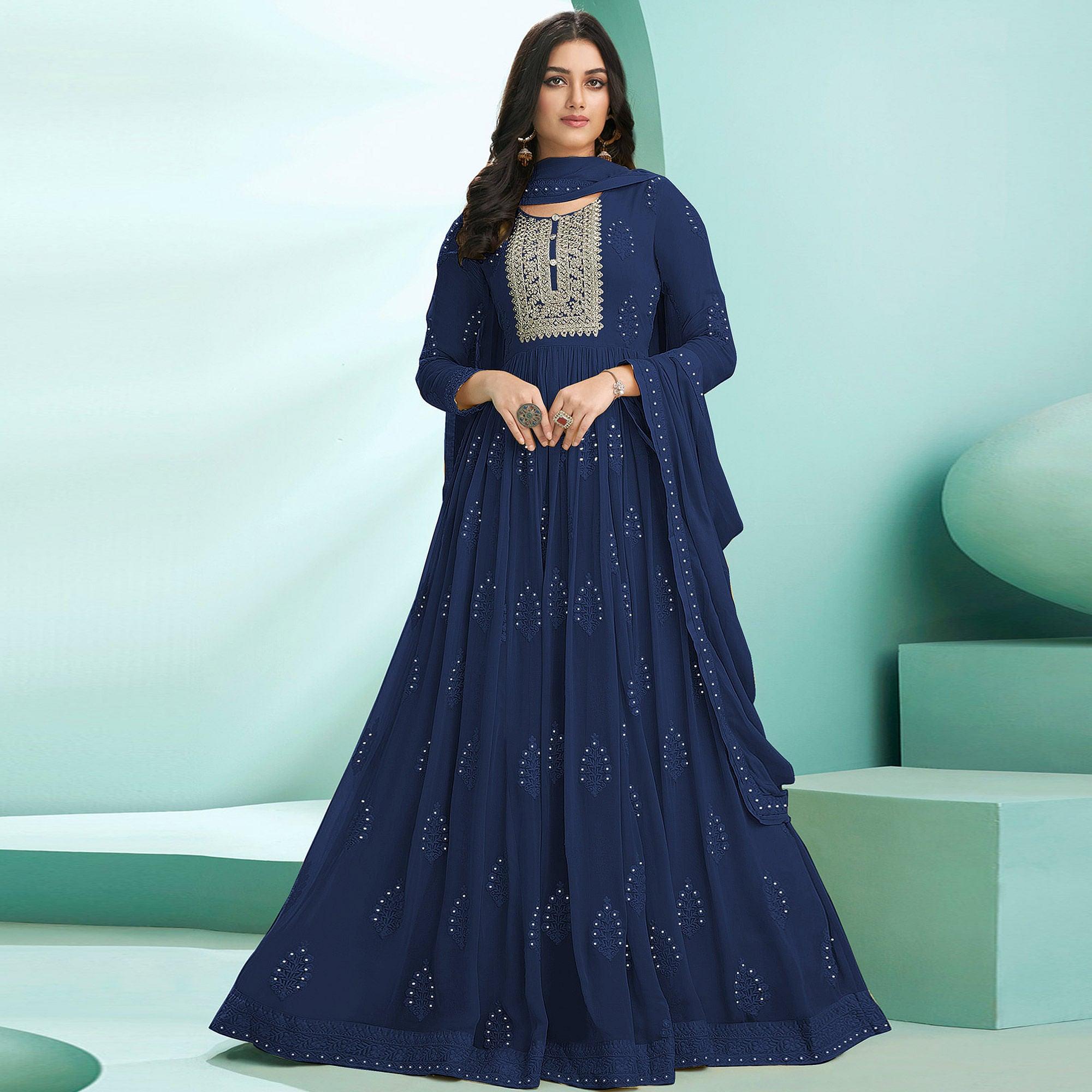 Royal Blue Partywear Embroidery With Embellished Georgette Gown - Peachmode