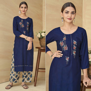 Royal Blue Partywear Floral Embroidered Rayon Kurti Palazzo Set - Peachmode
