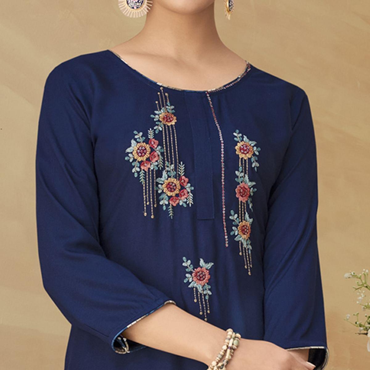 Royal Blue Partywear Floral Embroidered Rayon Kurti Palazzo Set - Peachmode