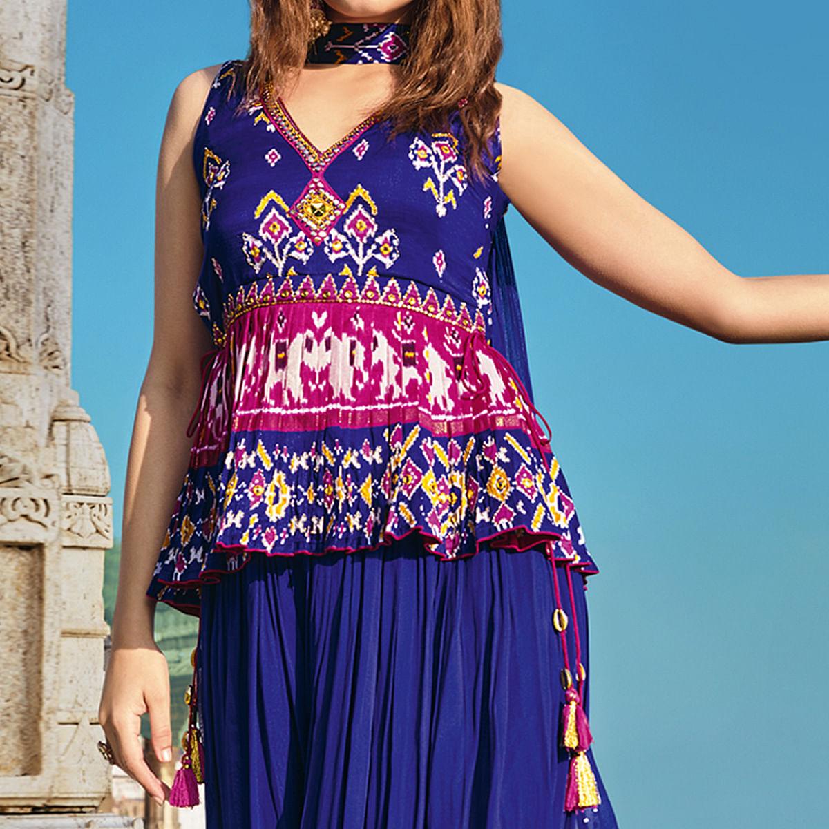 Royal Blue Partywear Patola Printed Silk Dhoti Suit - Peachmode