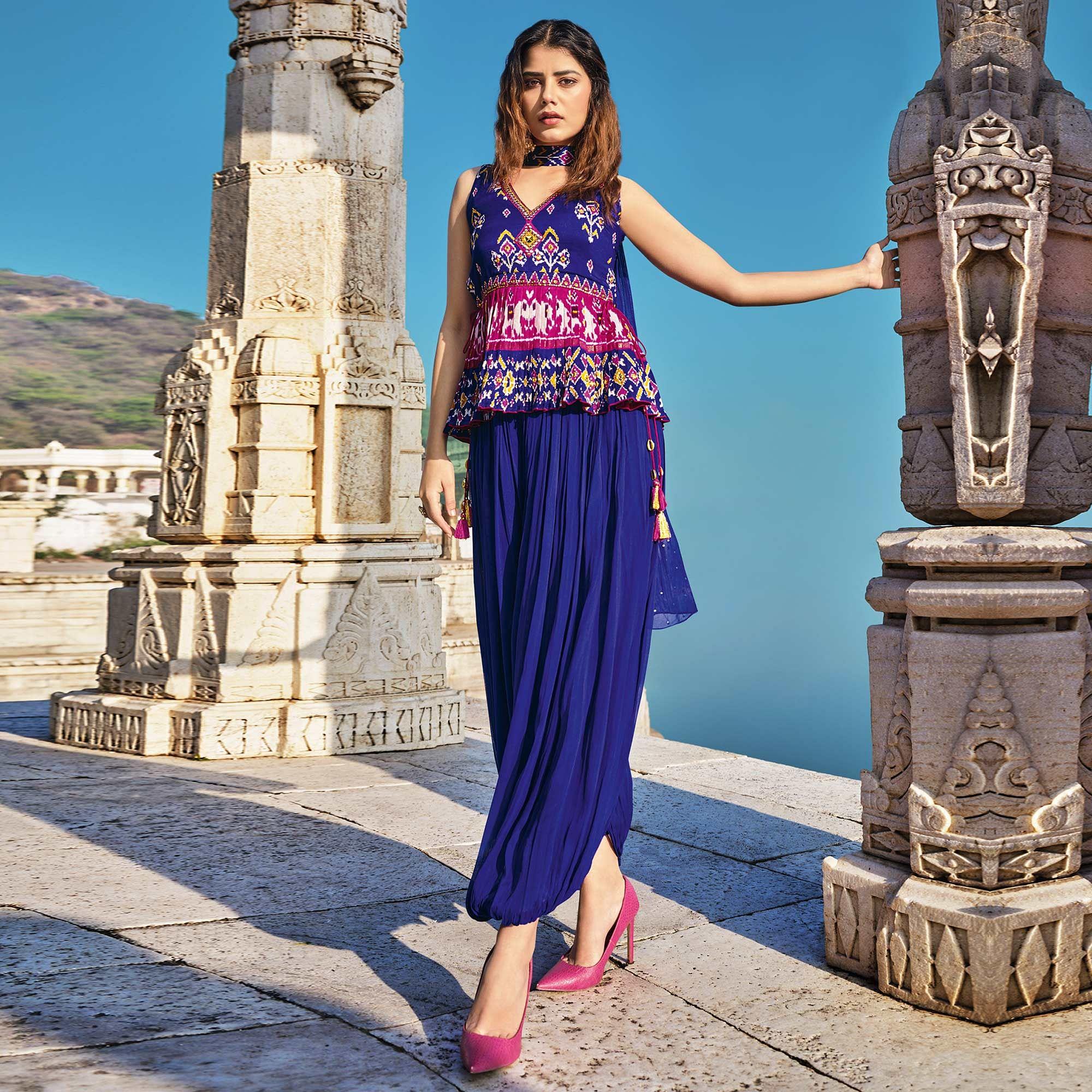 Royal Blue Partywear Patola Printed Silk Dhoti Suit - Peachmode