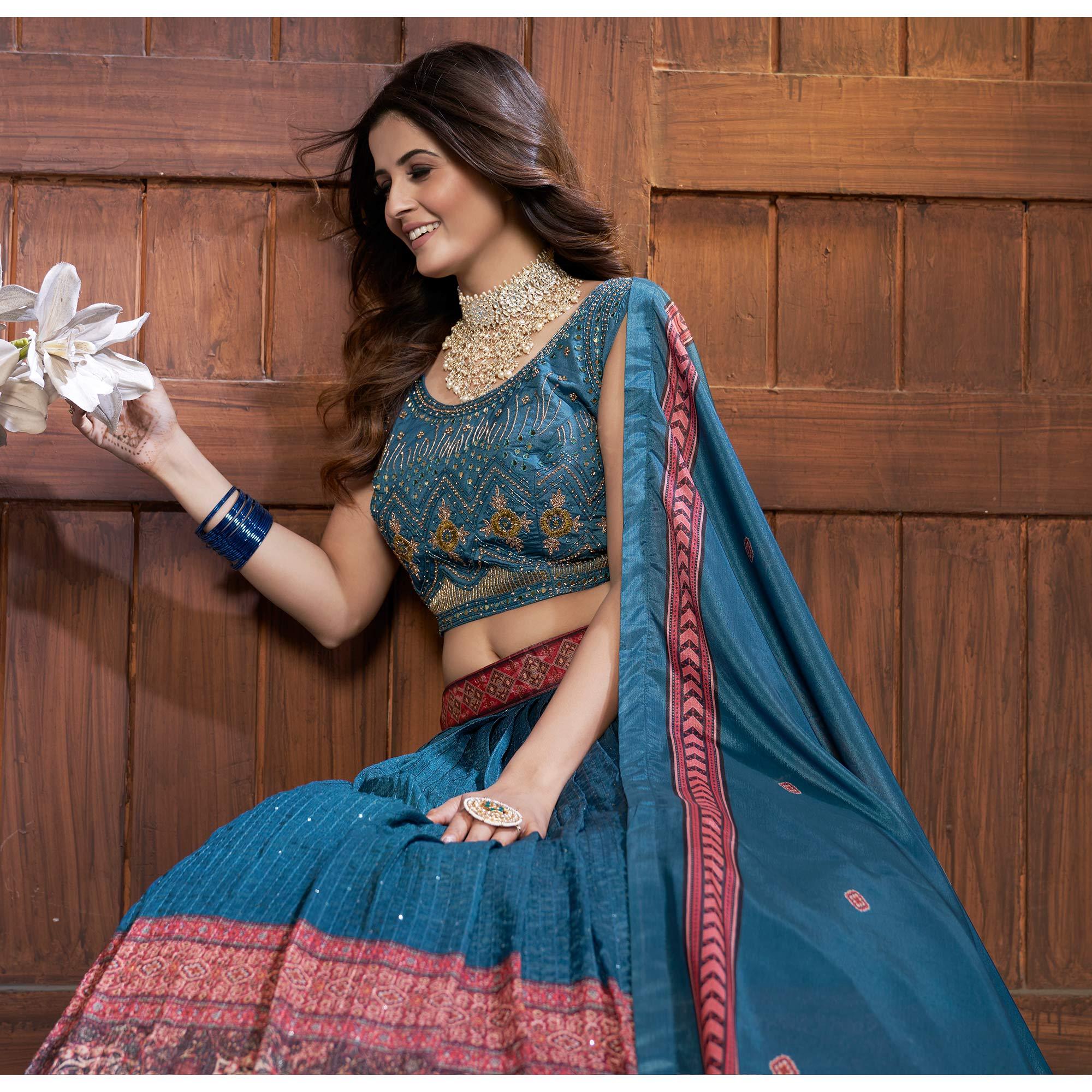 Royal Blue Partywear Resham Sequence Chiffon Lehenga Choli - Peachmode