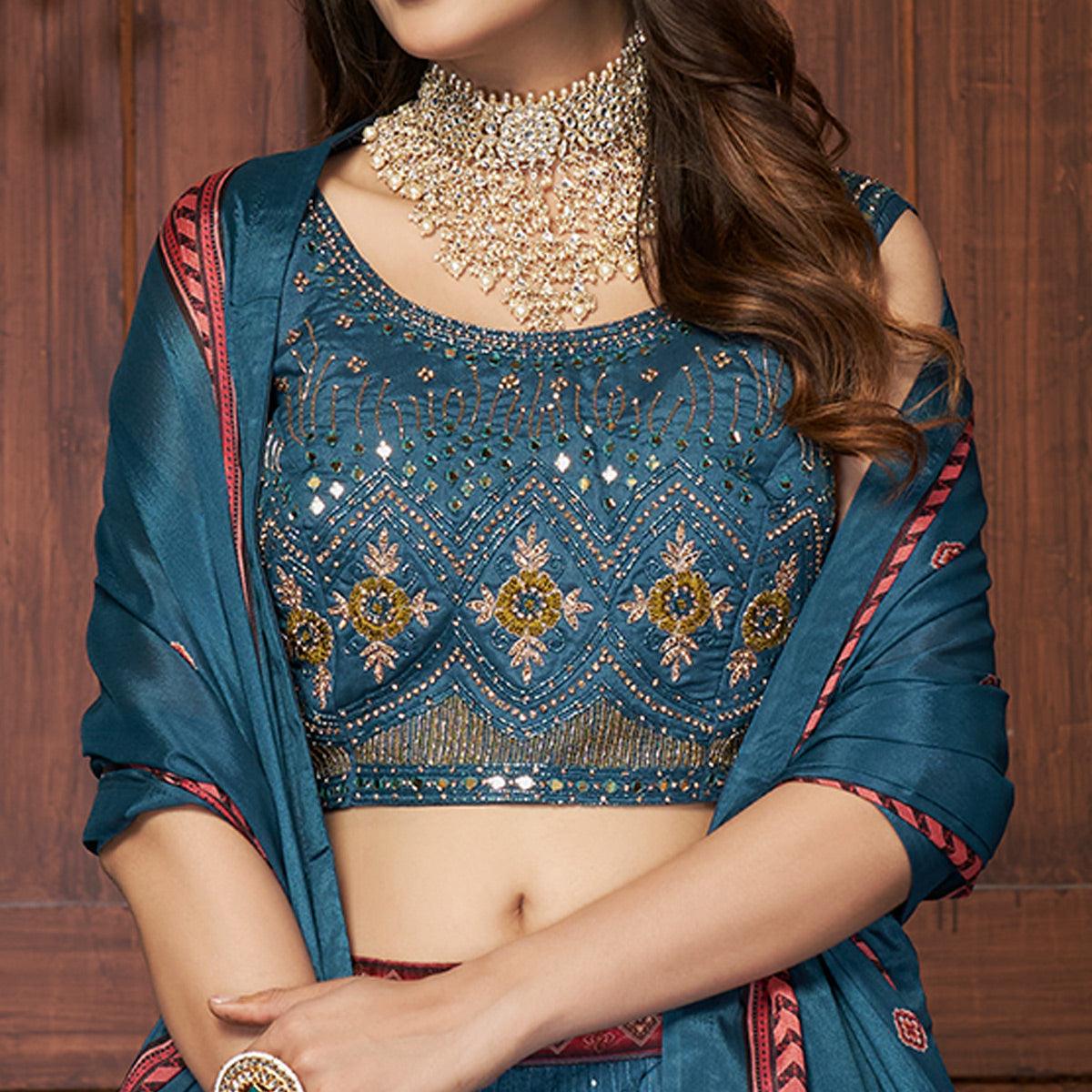 Royal Blue Partywear Resham Sequence Chiffon Lehenga Choli - Peachmode