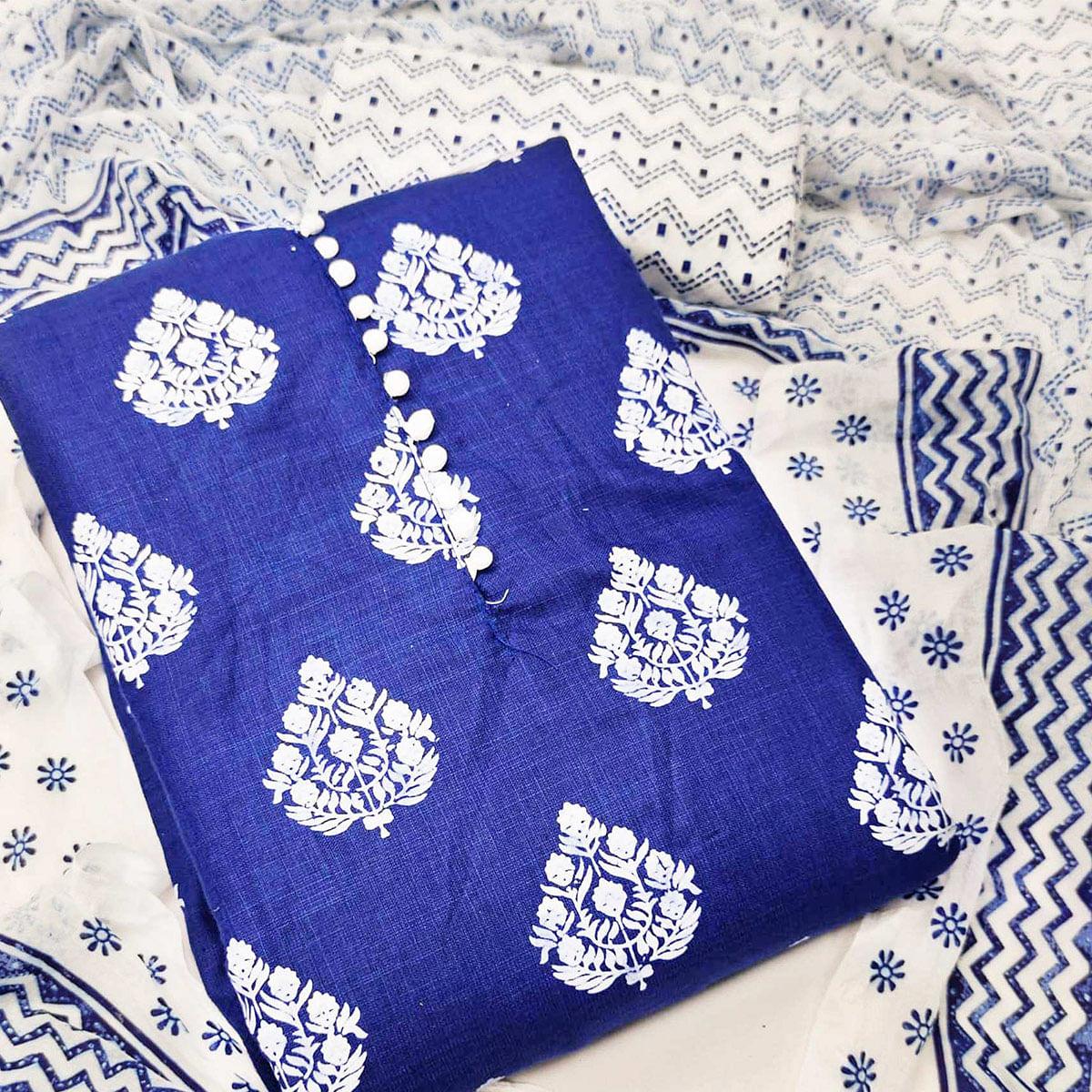 Royal Blue Printed Cotton Dress Material - Peachmode