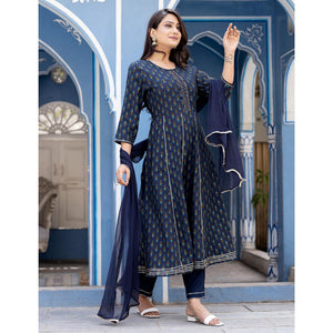 Royal Blue Printed With Embroidery Cotton Silk Anarkali Suit - Peachmode