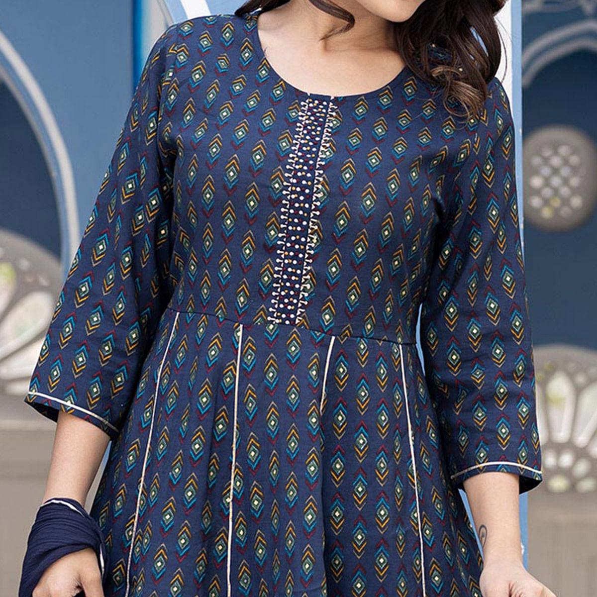 Royal Blue Printed With Embroidery Cotton Silk Anarkali Suit - Peachmode