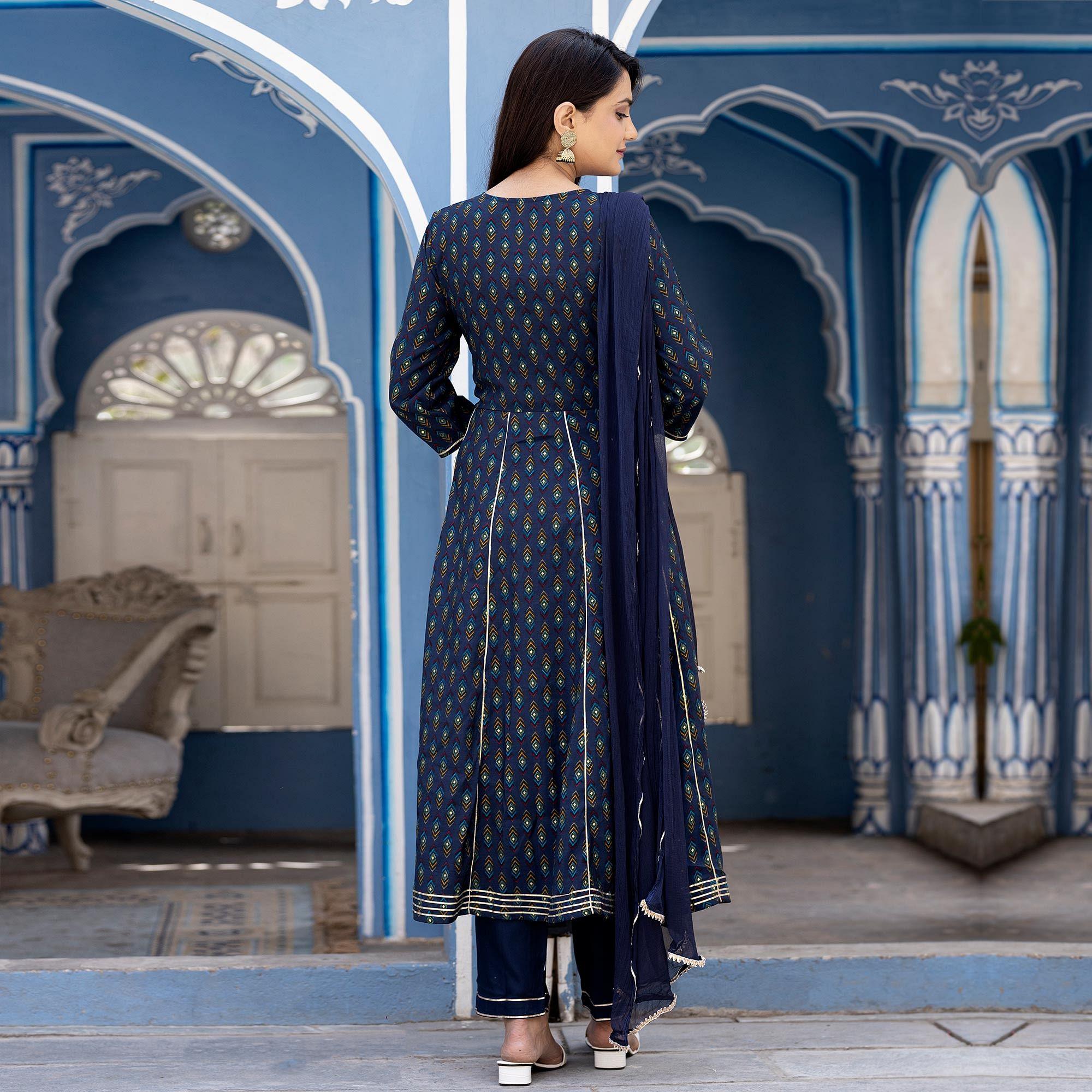 Royal Blue Printed With Embroidery Cotton Silk Anarkali Suit - Peachmode