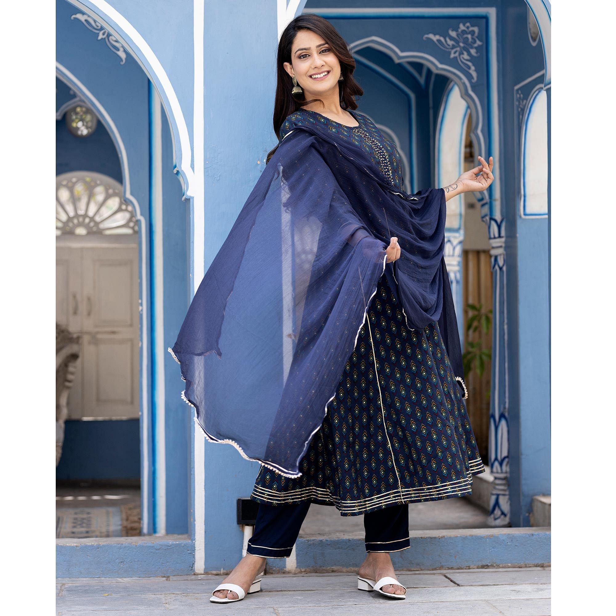 Royal Blue Printed With Embroidery Cotton Silk Anarkali Suit - Peachmode