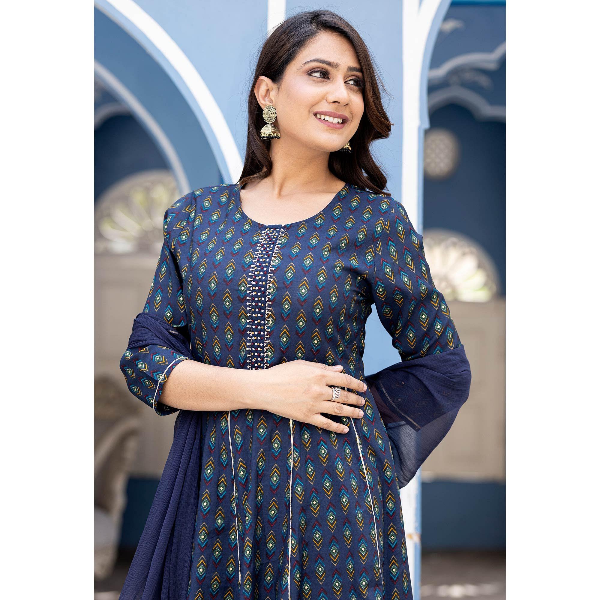 Royal Blue Printed With Embroidery Cotton Silk Anarkali Suit - Peachmode