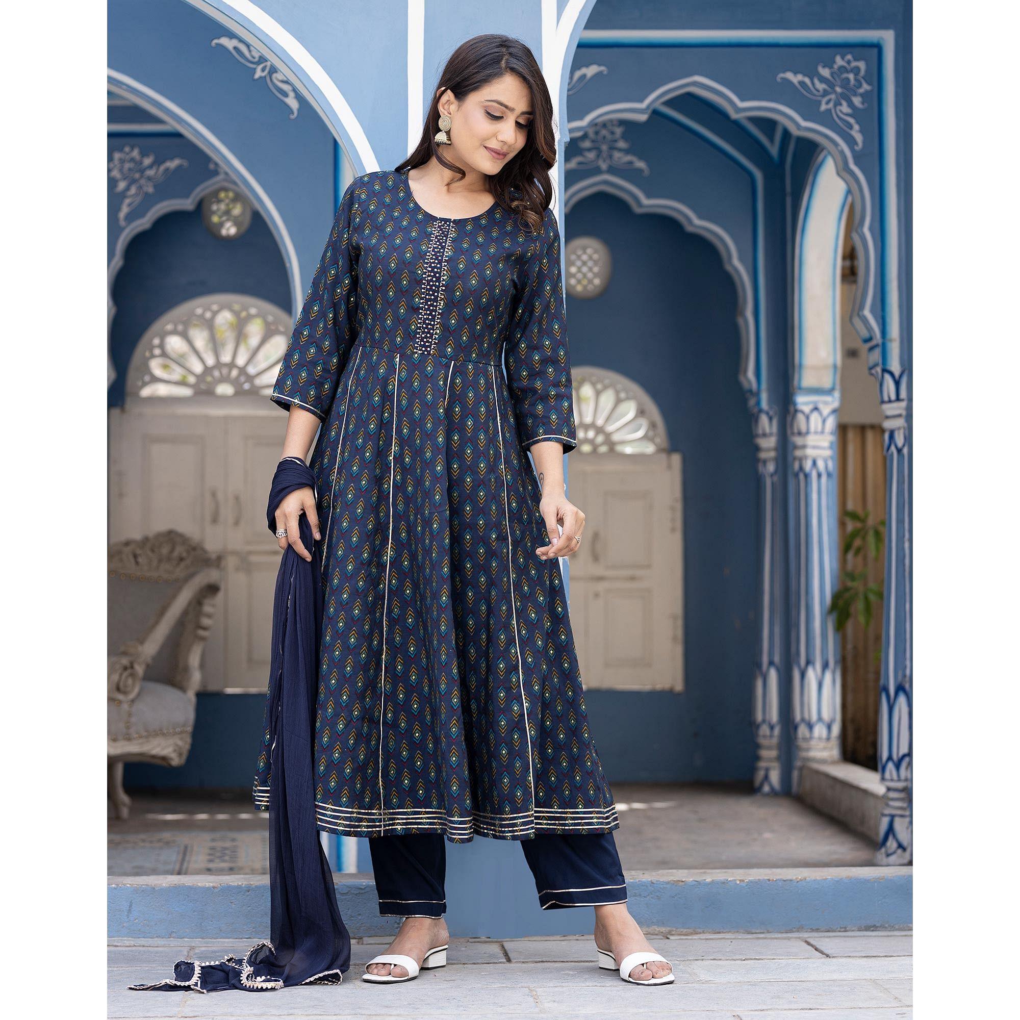 Royal Blue Printed With Embroidery Cotton Silk Anarkali Suit - Peachmode
