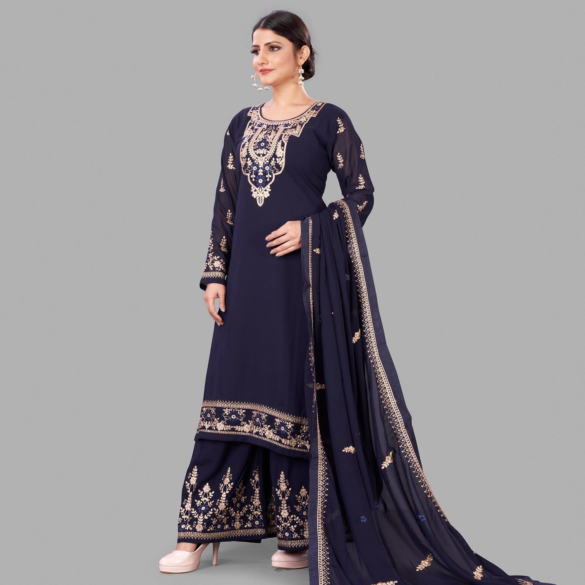 Royal Blue Semi Party Wear Embroidered Heavy Georgette Palazzo Suit - Peachmode