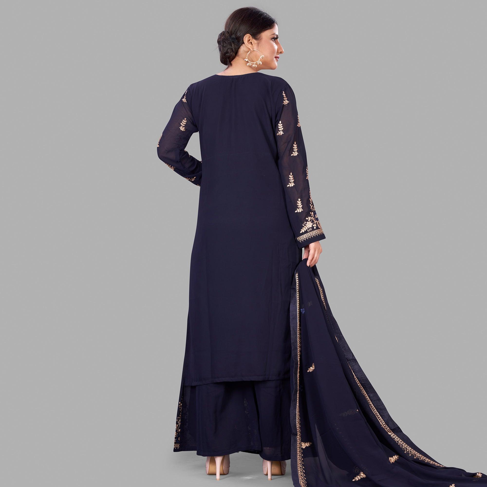 Royal Blue Semi Party Wear Embroidered Heavy Georgette Palazzo Suit - Peachmode