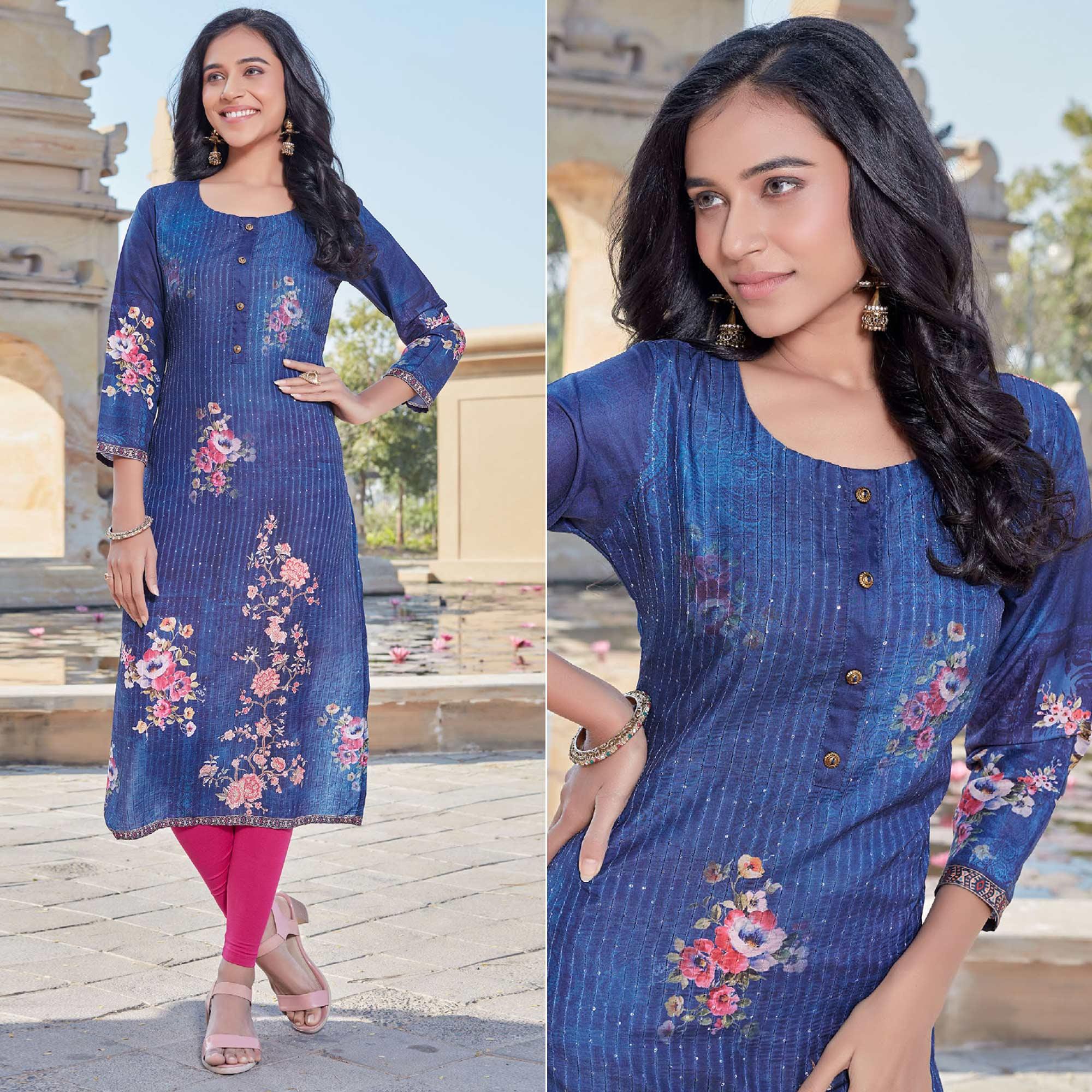 Royal Blue Sequence Embroidered Cotton Silk Kurti - Peachmode