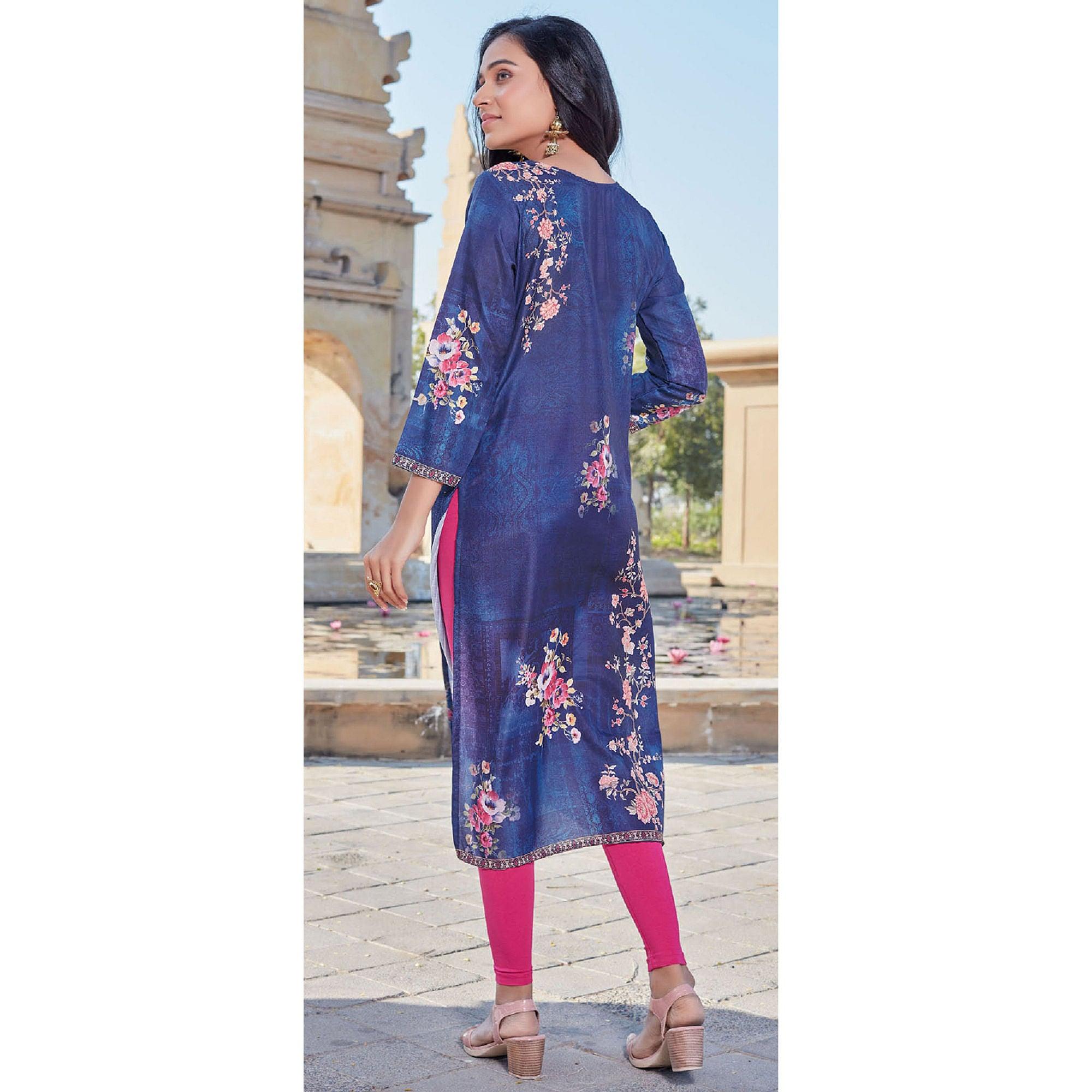 Royal Blue Sequence Embroidered Cotton Silk Kurti - Peachmode