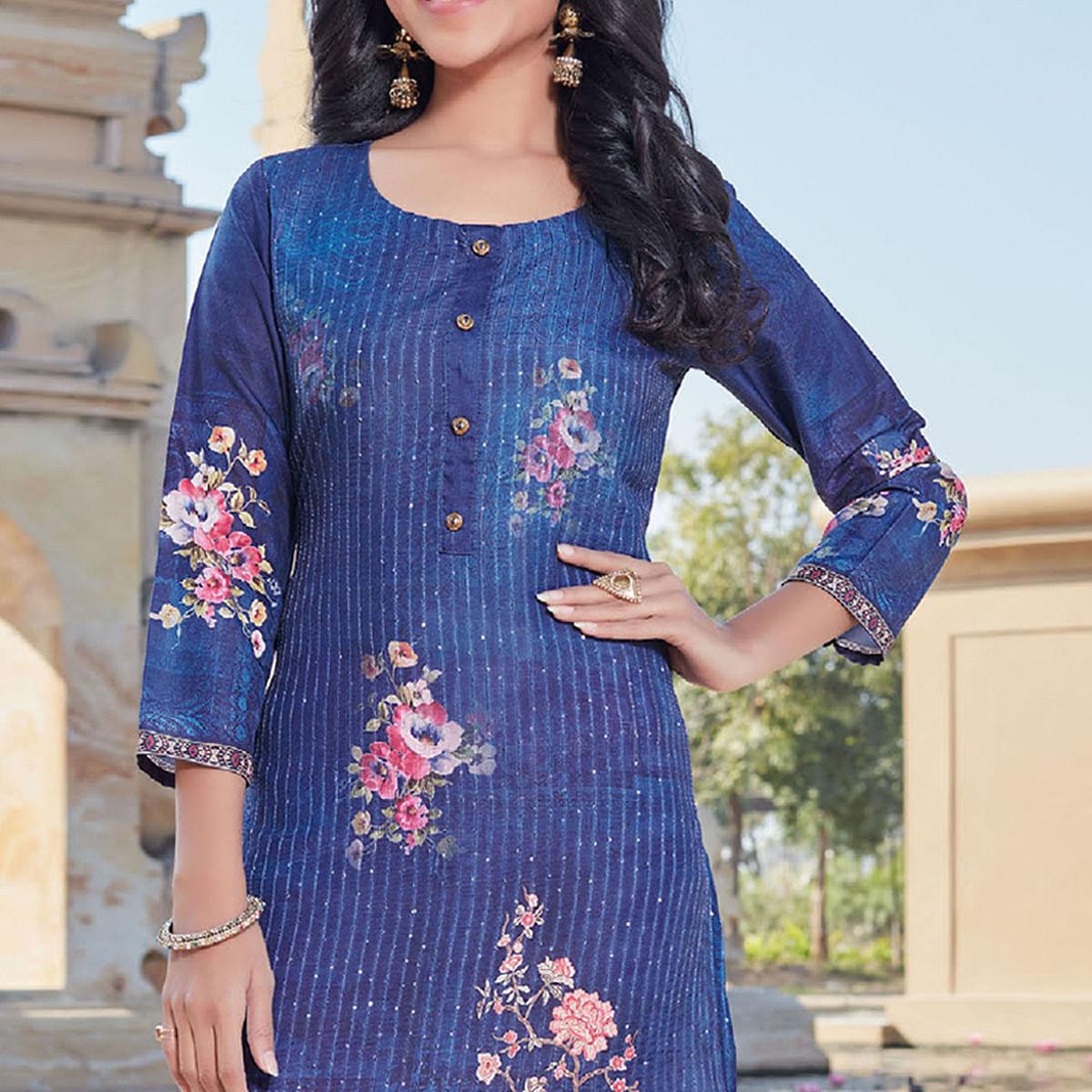 Royal Blue Sequence Embroidered Cotton Silk Kurti - Peachmode