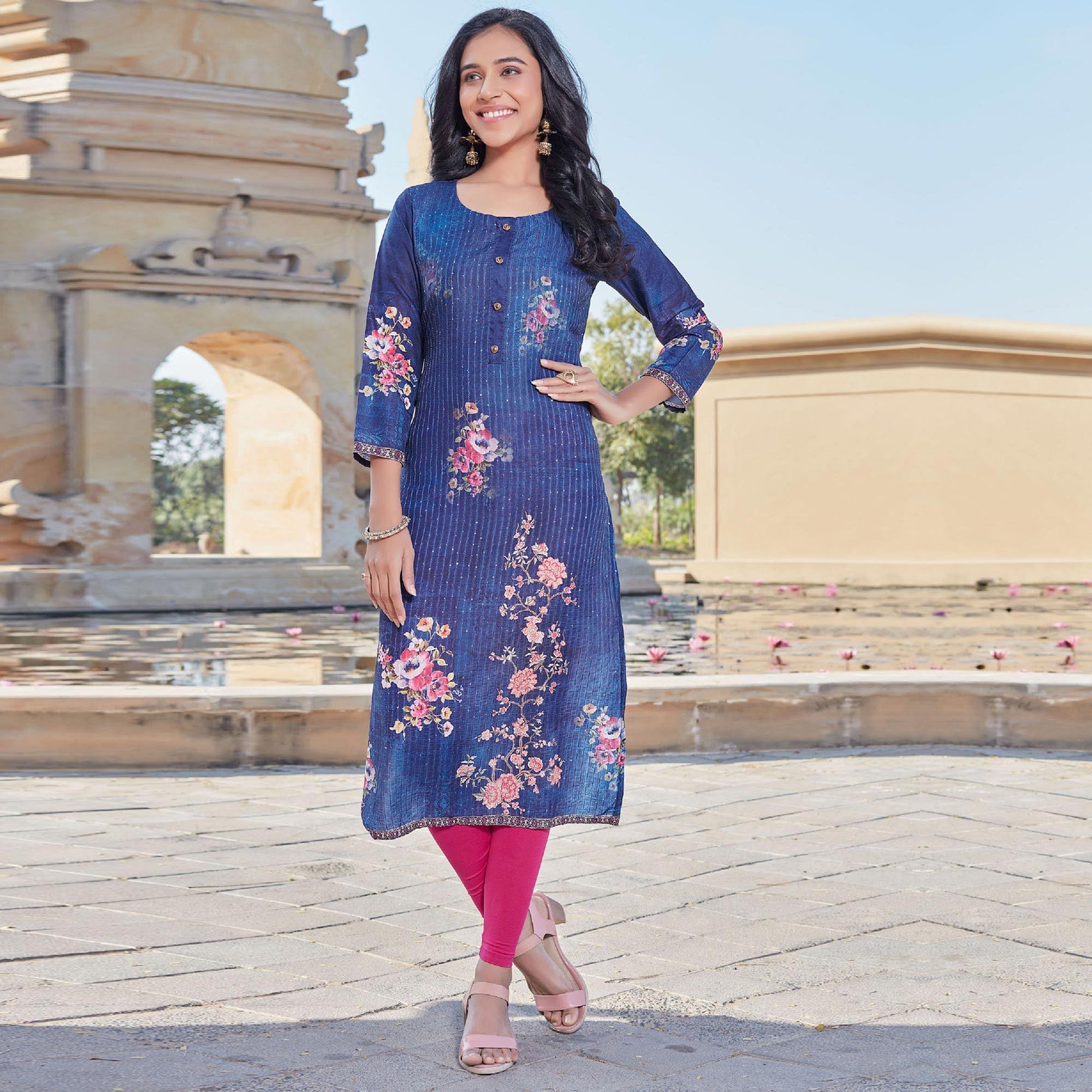 Royal Blue Sequence Embroidered Cotton Silk Kurti - Peachmode
