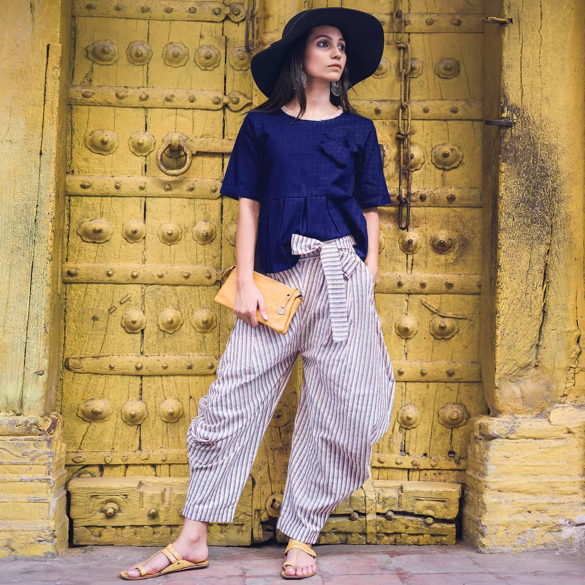 Royal Blue Solid Khadi Top-Dhoti Set - Peachmode