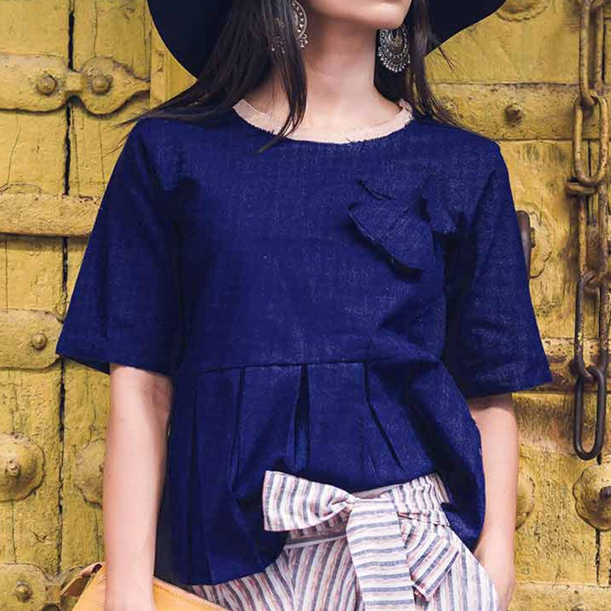 Royal Blue Solid Khadi Top-Dhoti Set - Peachmode