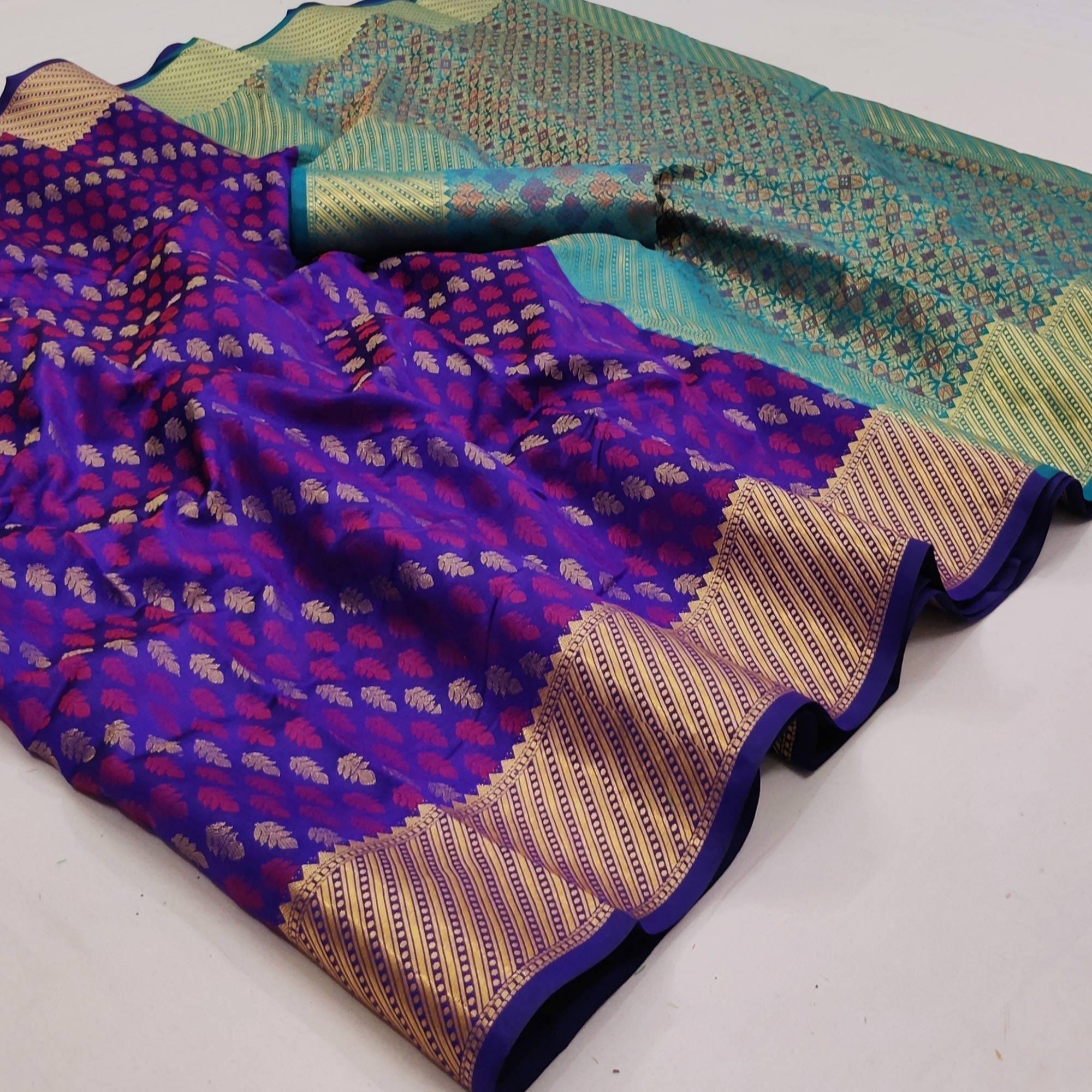 Royal Blue Woven Art Silk Saree - Peachmode