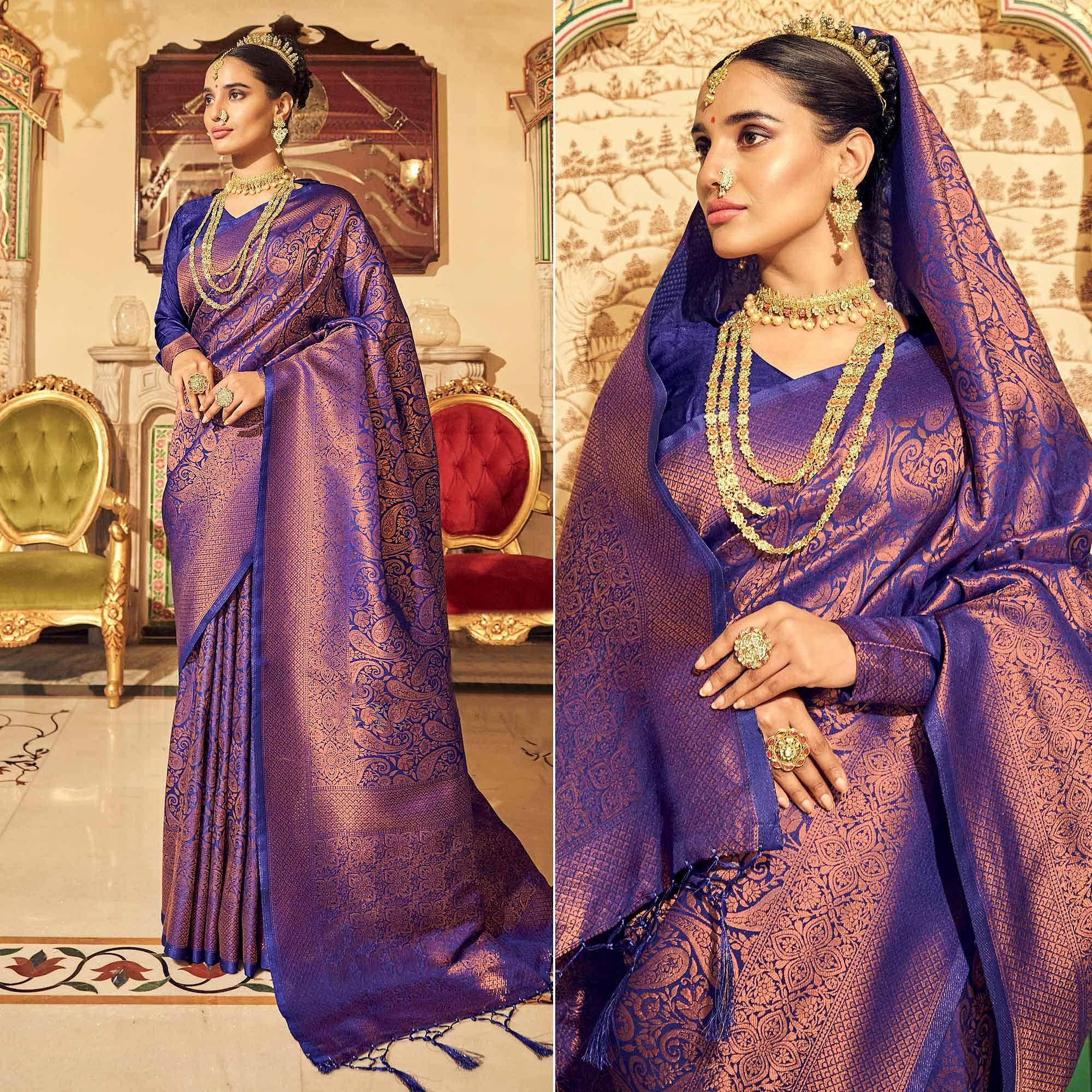 Royal Blue Woven Art Silk Saree With Tassels - Peachmode