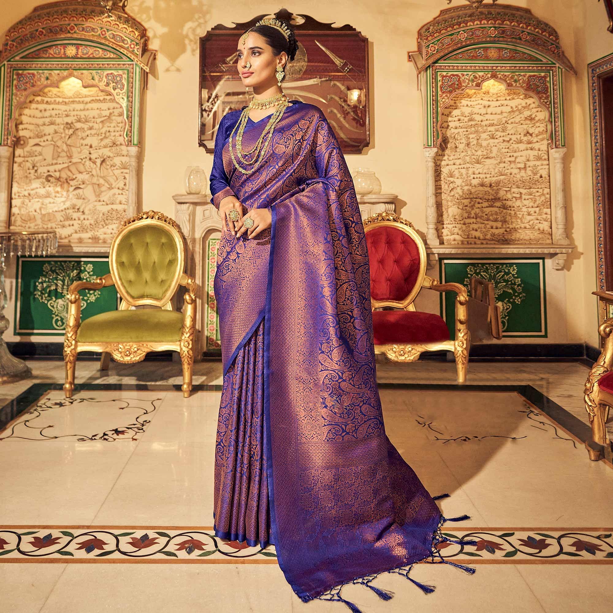 Royal Blue Woven Art Silk Saree With Tassels - Peachmode