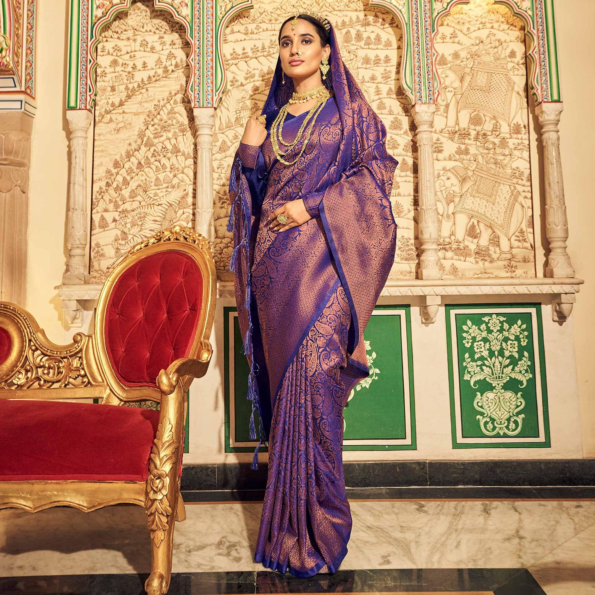 Royal Blue Woven Art Silk Saree With Tassels - Peachmode