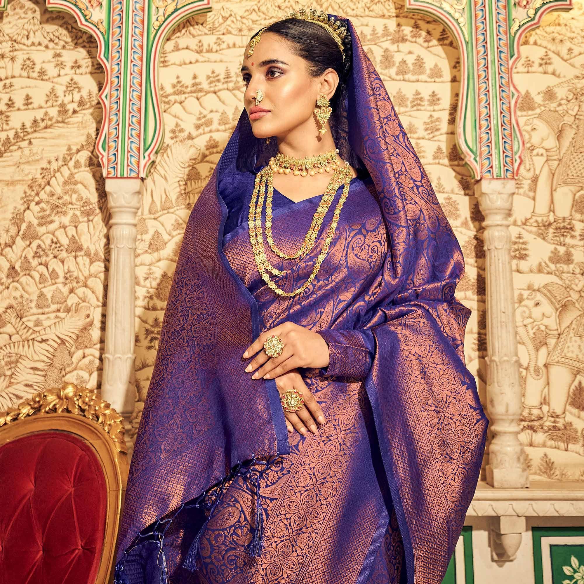 Royal Blue Woven Art Silk Saree With Tassels - Peachmode