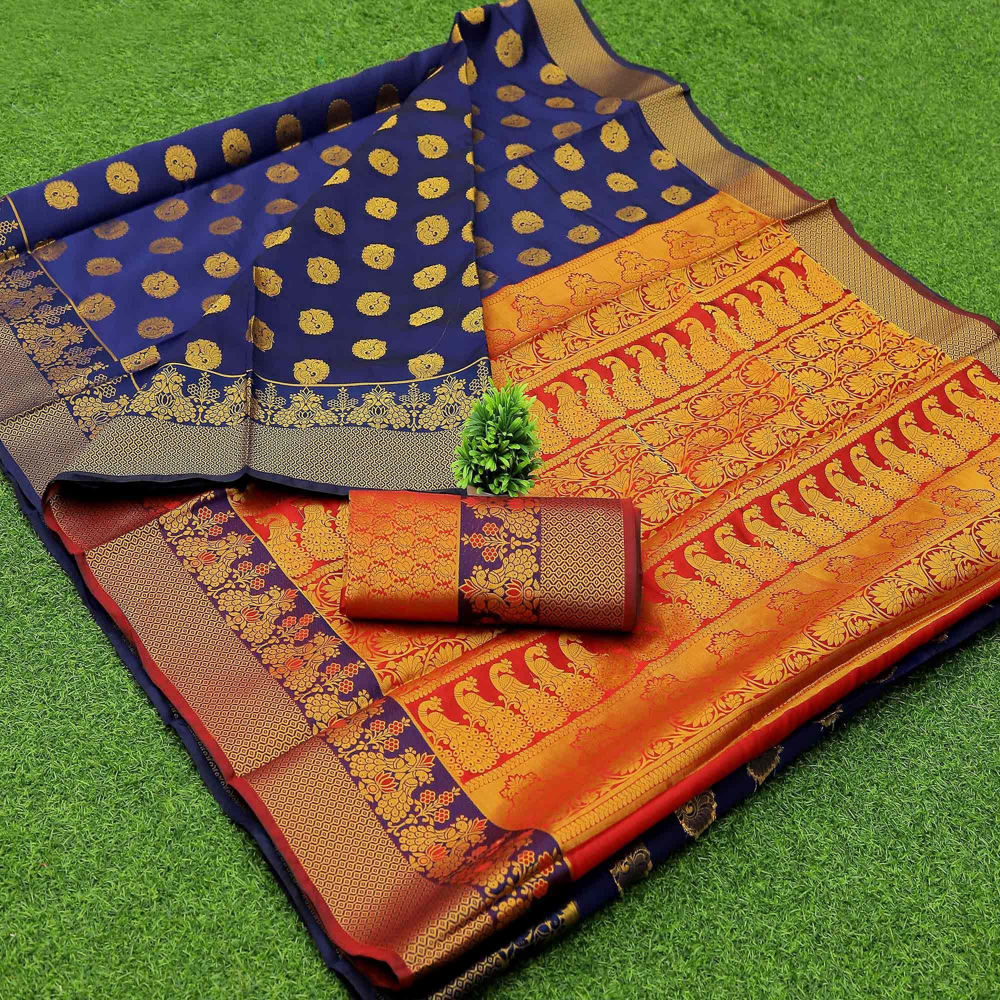 Royal Blue Woven Banarasi Silk Saree - Peachmode