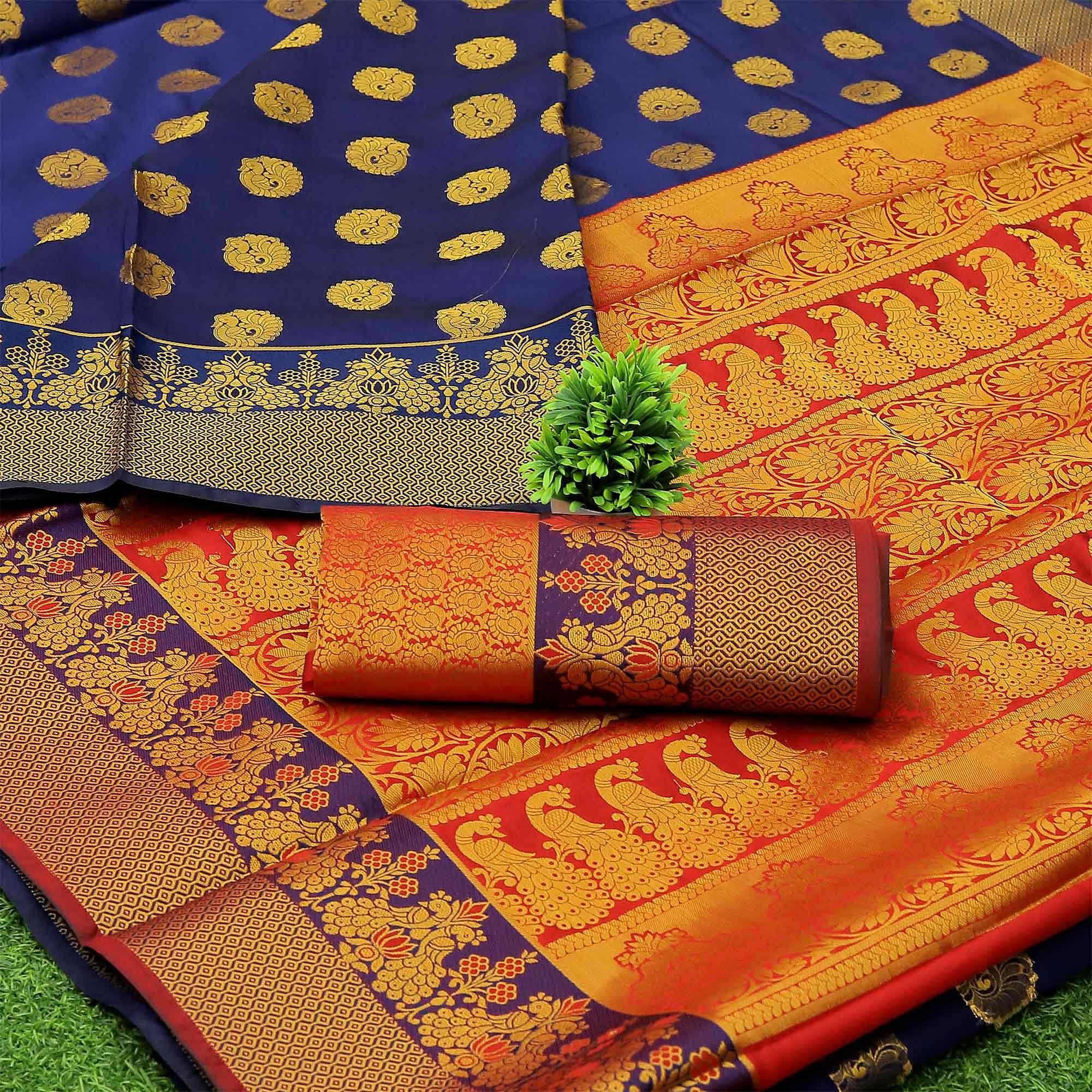 Royal Blue Woven Banarasi Silk Saree - Peachmode