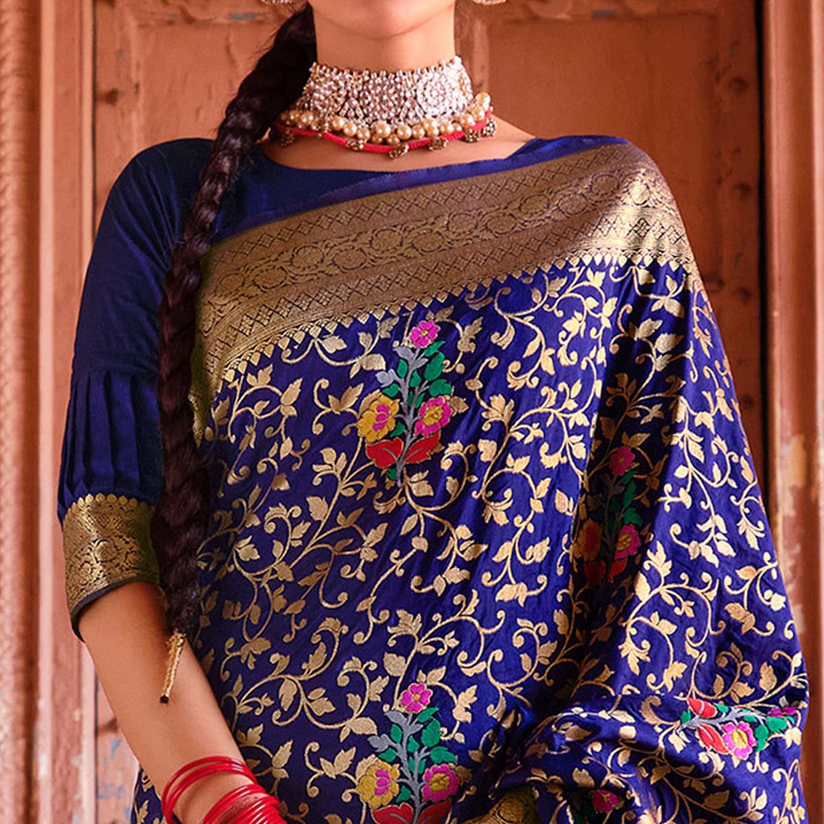 Royal Blue Woven Dola Silk Saree - Peachmode