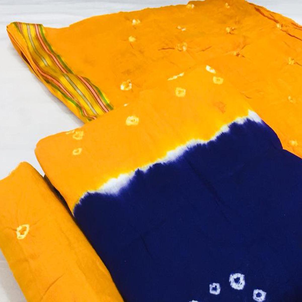 Royal Blue-Yellow Bandhani Printed Cotton Blend Dress Material - Peachmode