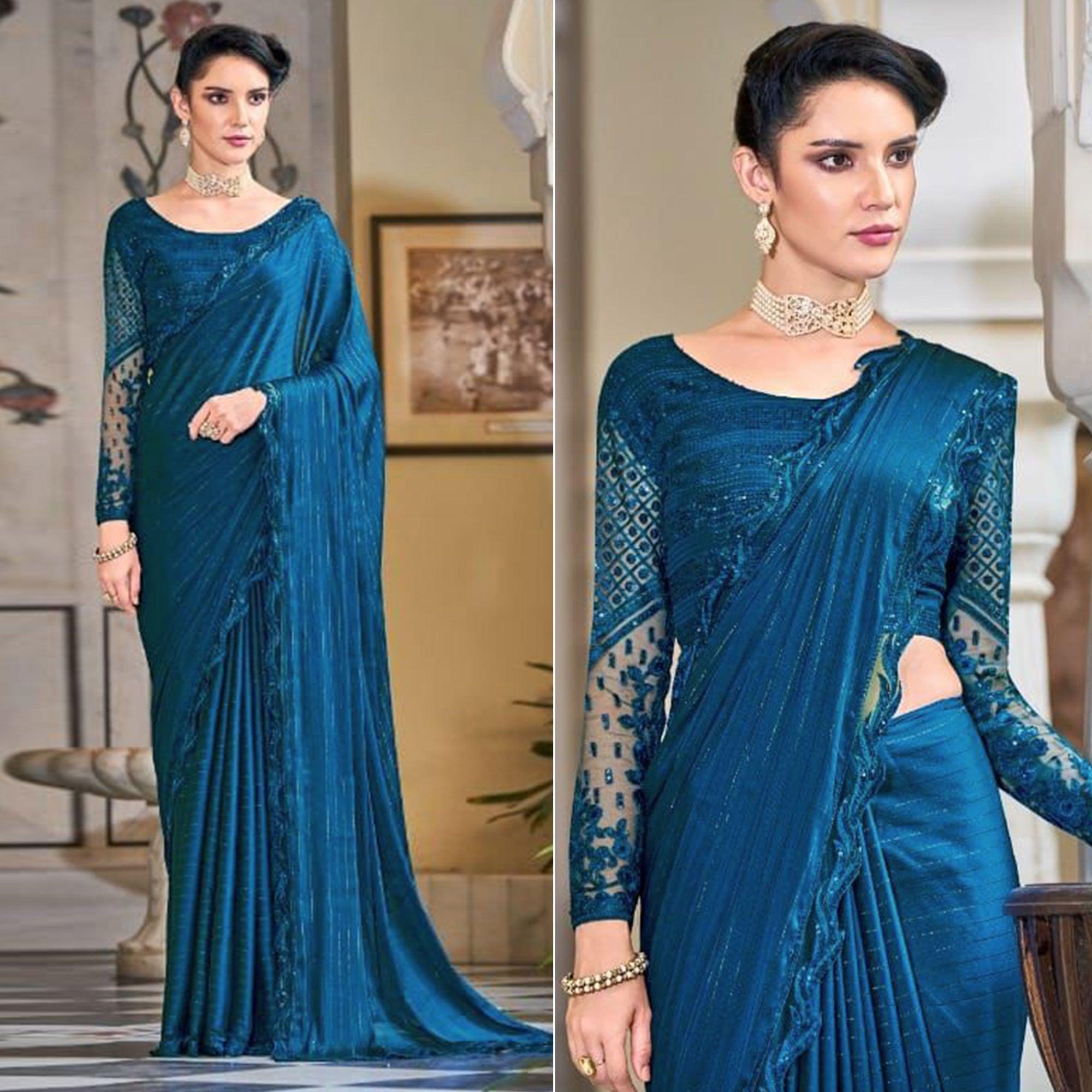 Royal Blue Zari Striped Art Silk Saree - Peachmode