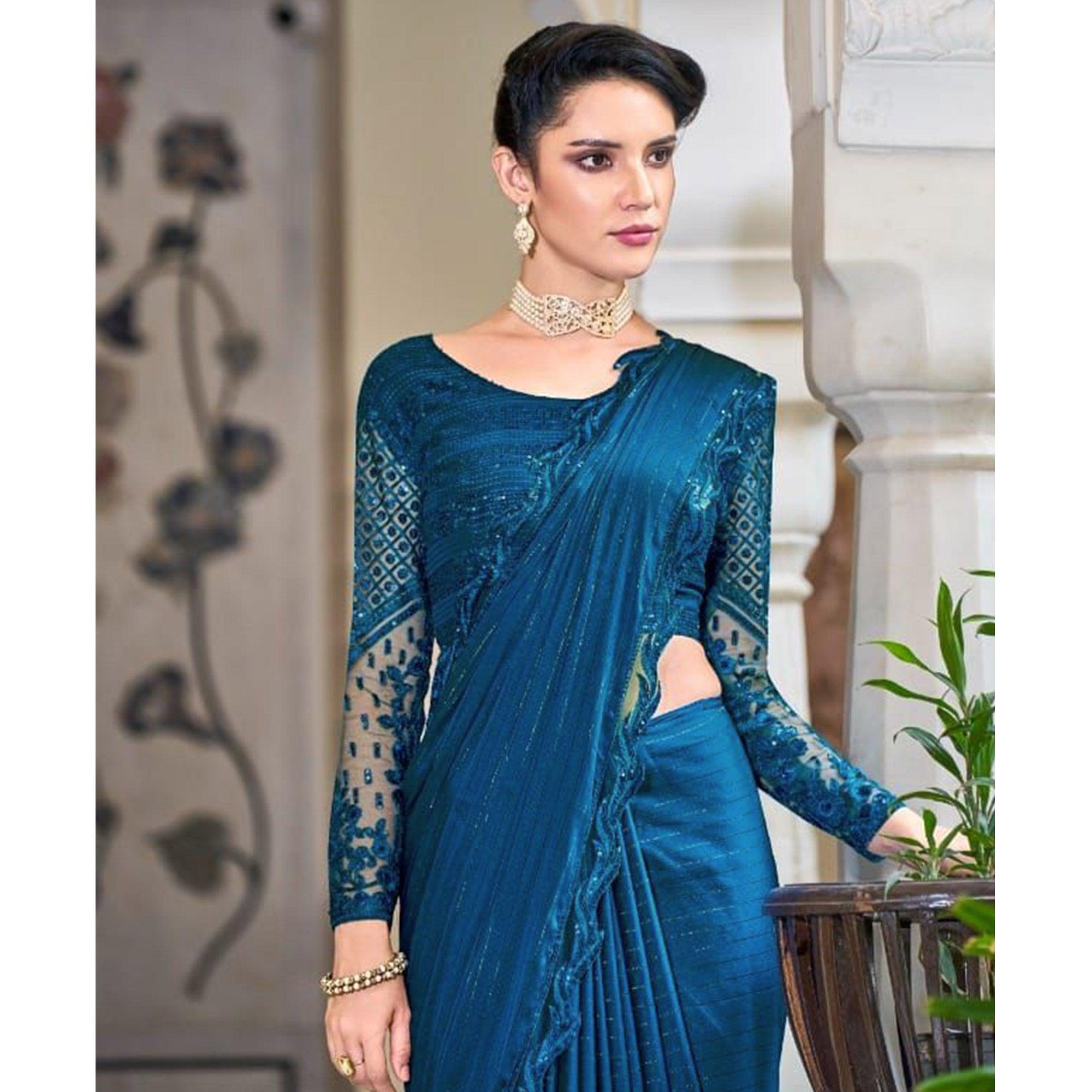 Royal Blue Zari Striped Art Silk Saree - Peachmode
