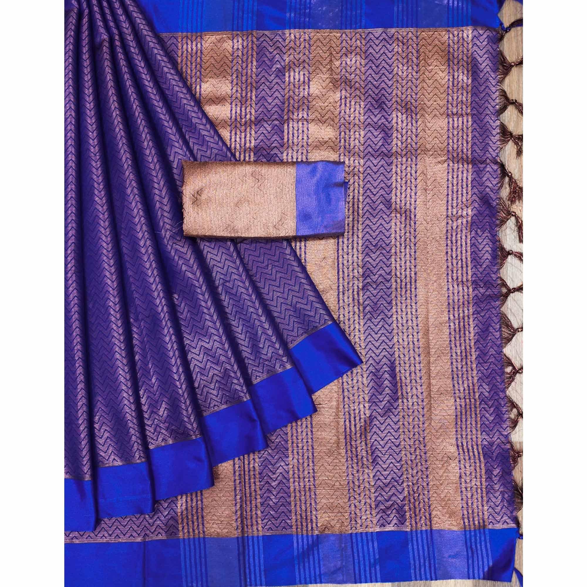 Royal Blue Zig Zag Woven Cotton Silk Saree - Peachmode
