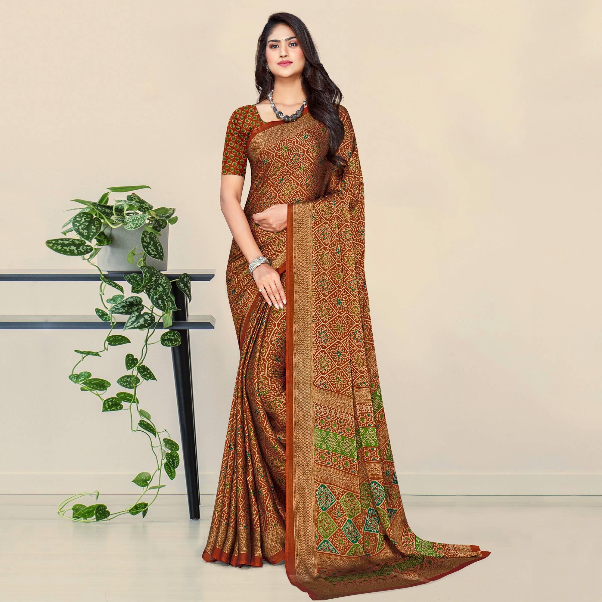 Rust Bandhani Printed Chiffon Saree - Peachmode