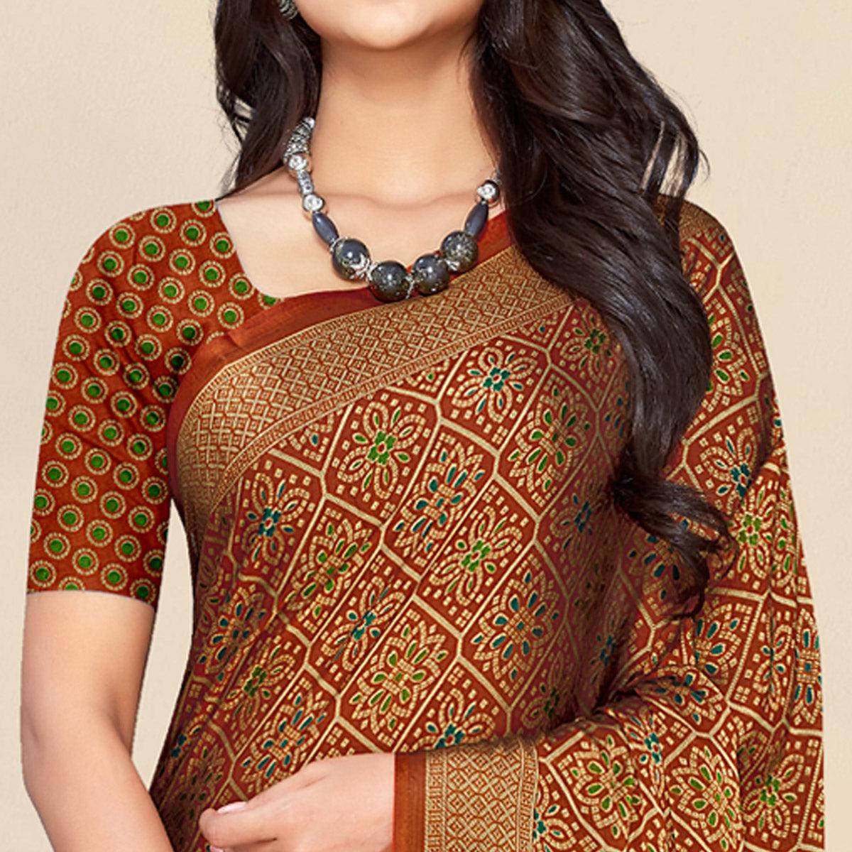 Rust Bandhani Printed Chiffon Saree - Peachmode