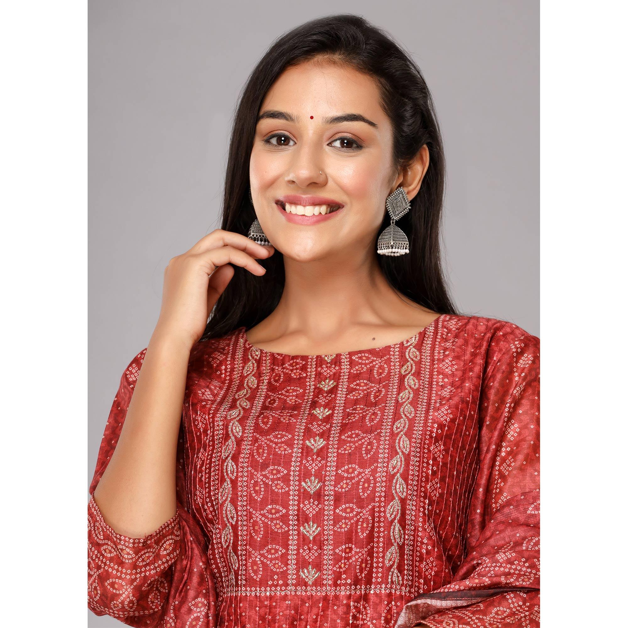 Rust Bandhani Printed Muslin Kurti Pant Set With Dupatta - Peachmode