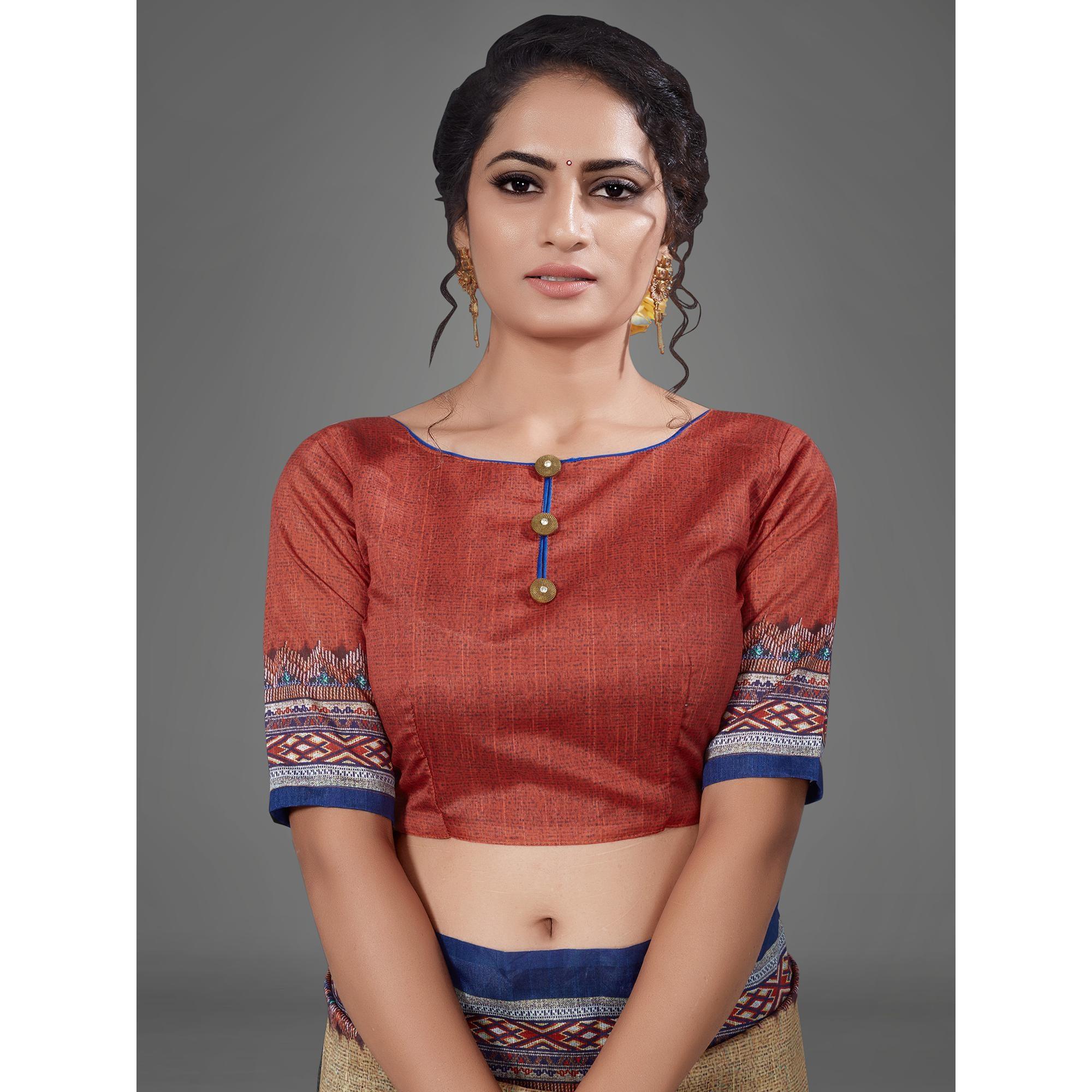 Rust Casual Art Silk Printed Saree With Unstitched Blouse - Peachmode
