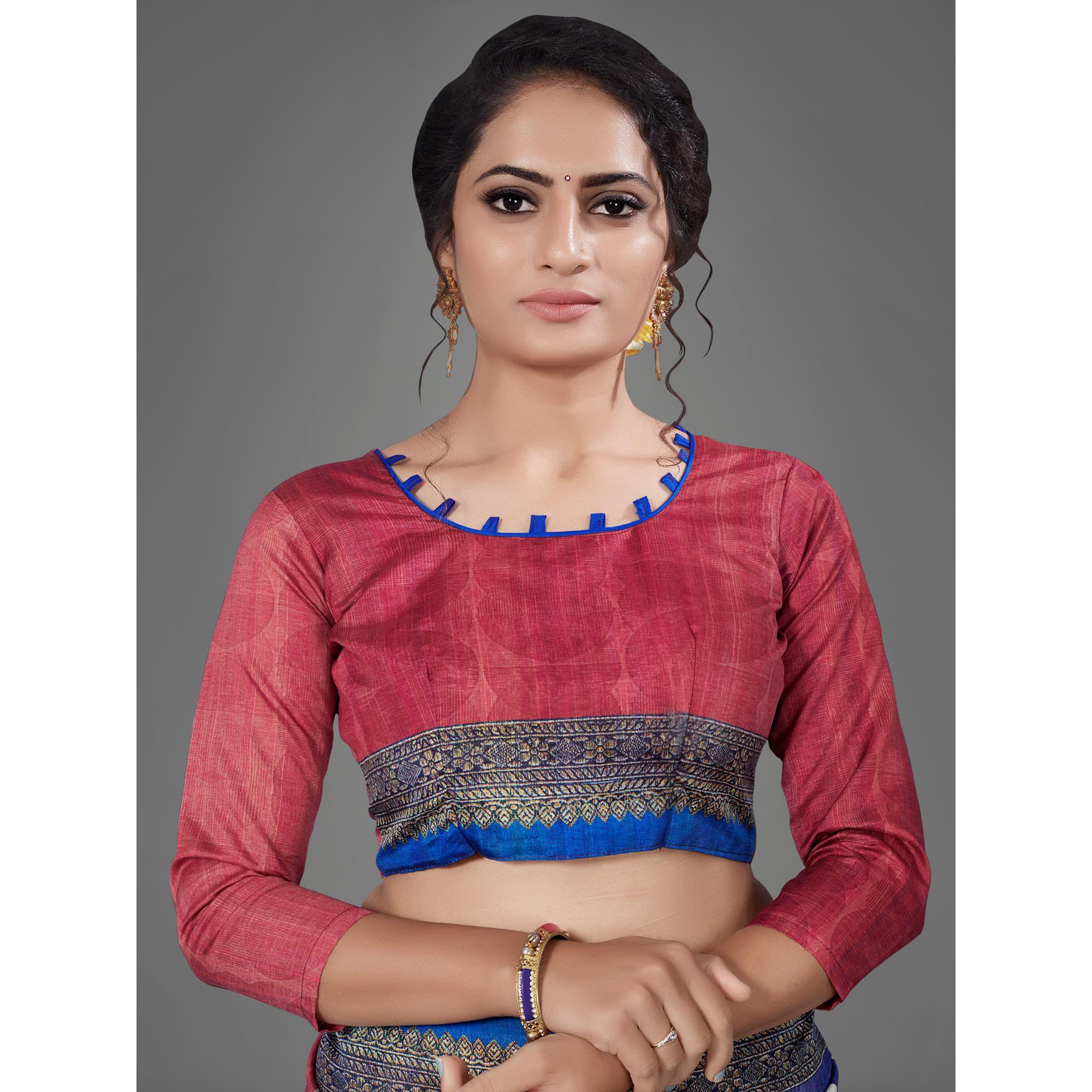 Rust Casual Art Silk Printed Saree With Unstitched Blouse - Peachmode