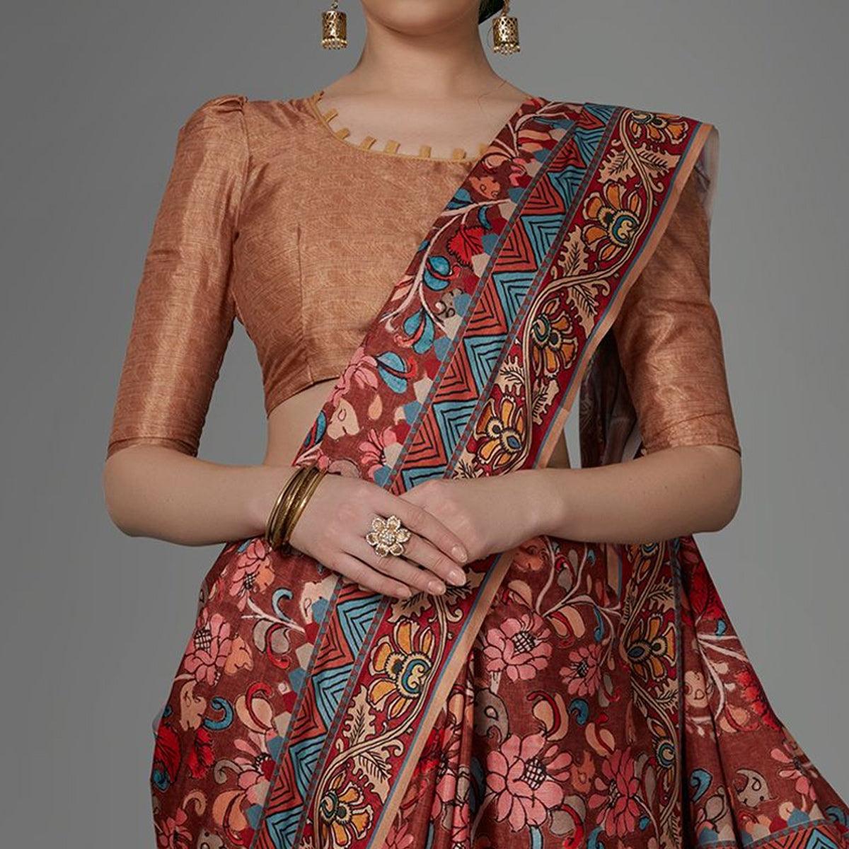 Rust Casual Art Silk Printed Saree With Unstitched Blouse - Peachmode