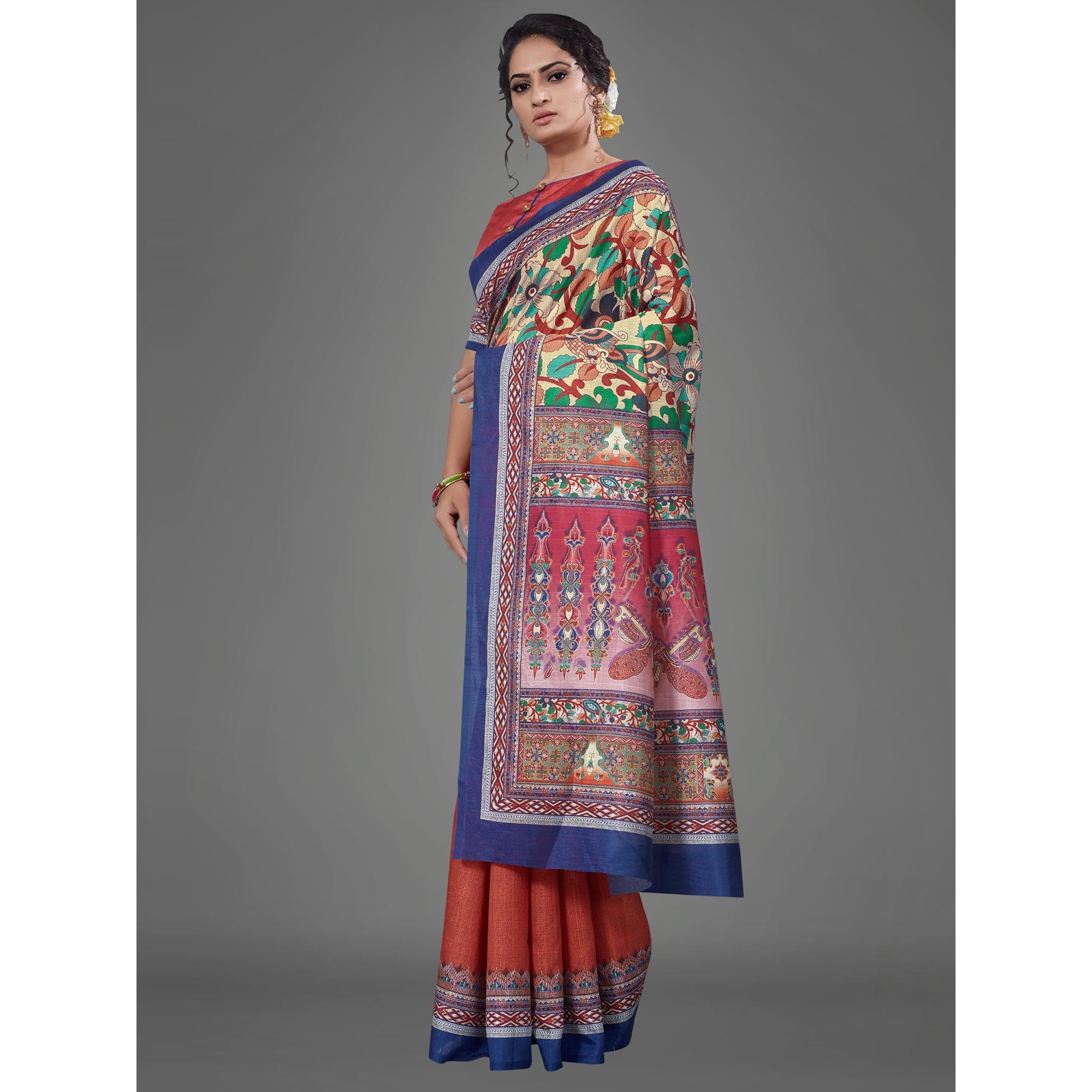 Rust Casual Art Silk Printed Saree With Unstitched Blouse - Peachmode