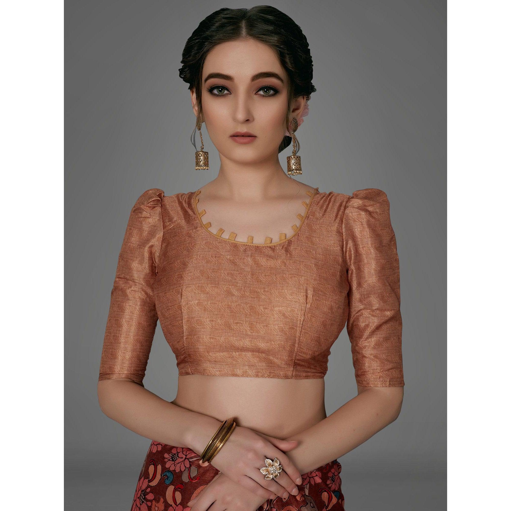 Rust Casual Art Silk Printed Saree With Unstitched Blouse - Peachmode