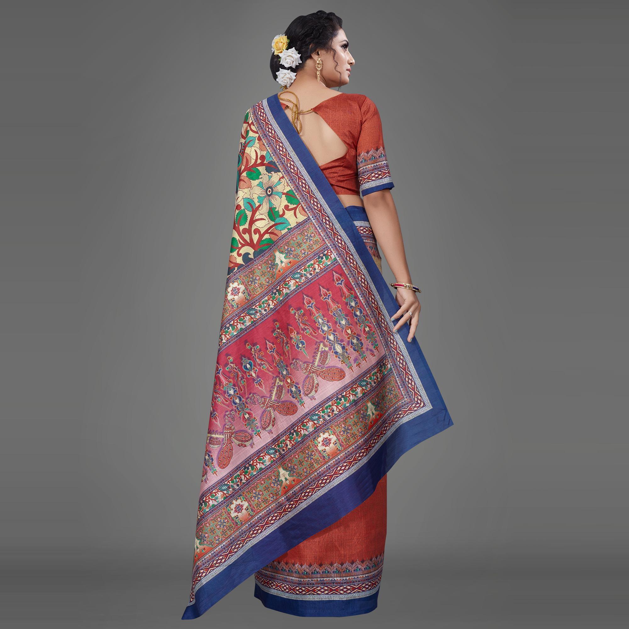 Rust Casual Art Silk Printed Saree With Unstitched Blouse - Peachmode