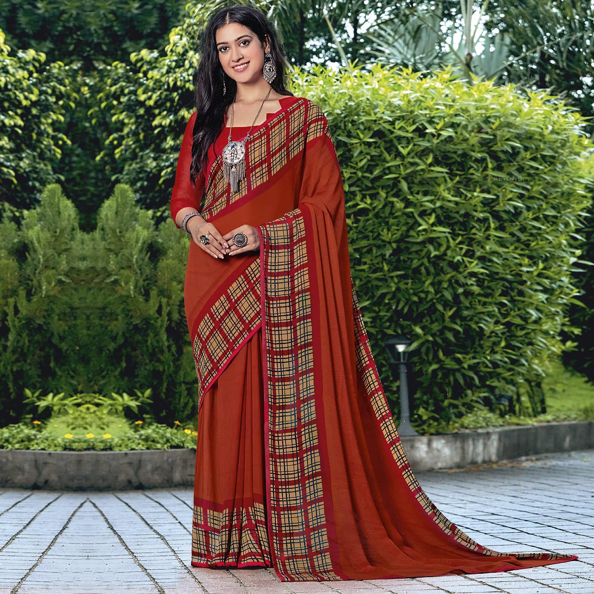 Rust Casual Wear Checks Printed Georgette Saree - Peachmode