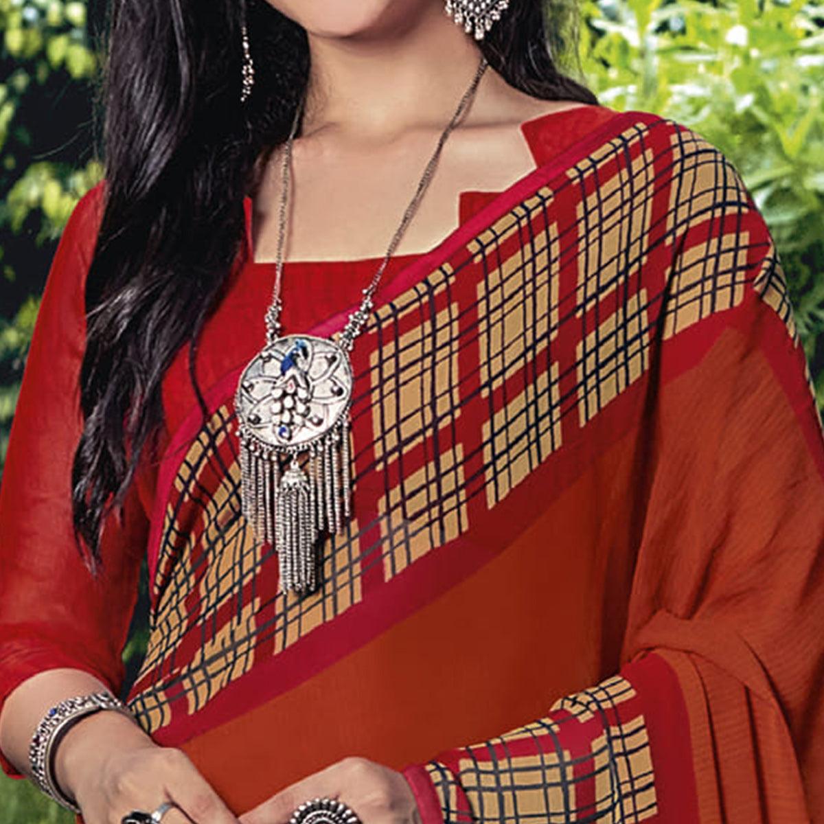 Rust Casual Wear Checks Printed Georgette Saree - Peachmode