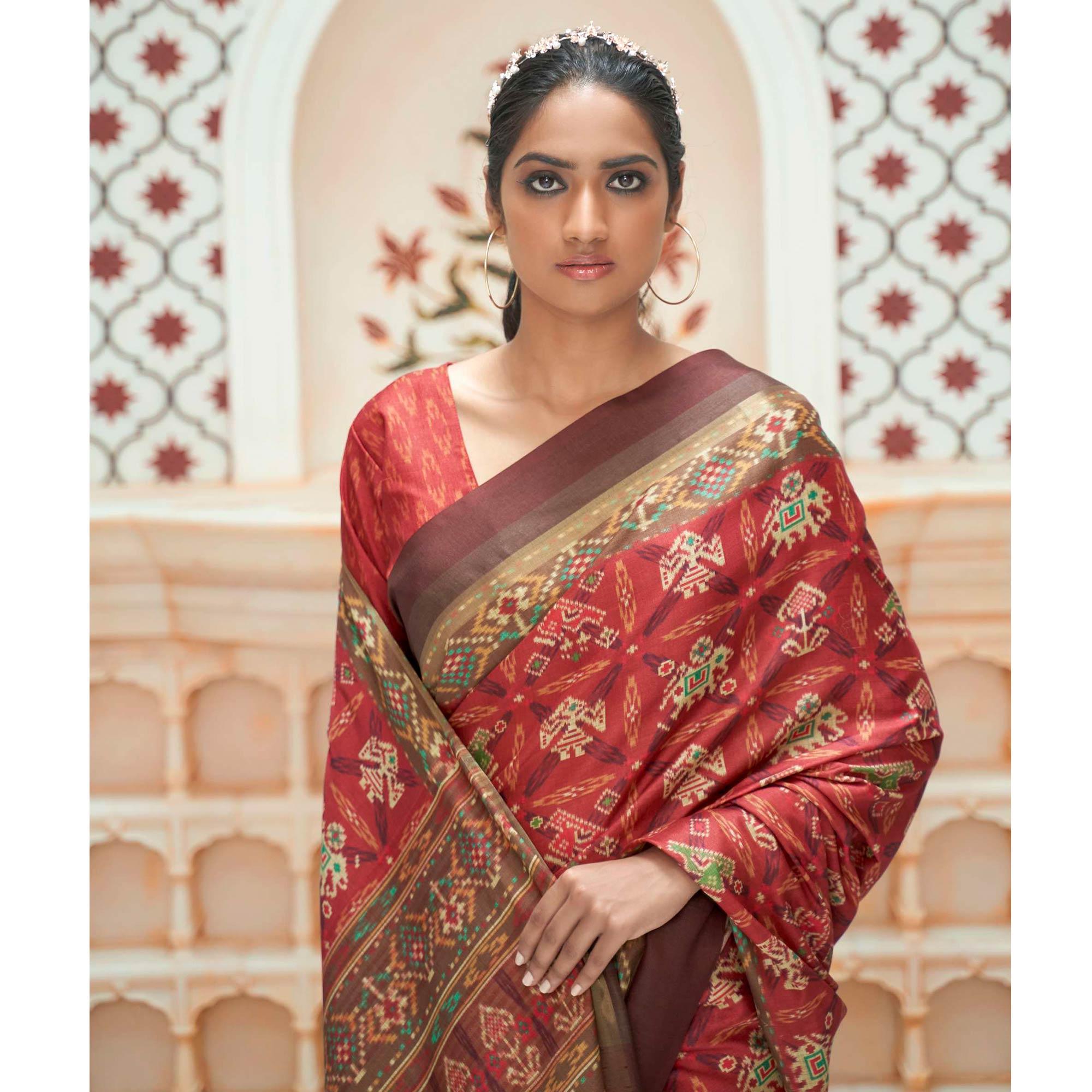 Rust Casual Wear Digital Printed Assam Silk Saree - Peachmode