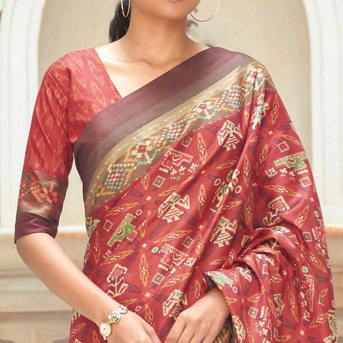 Rust Casual Wear Digital Printed Assam Silk Saree - Peachmode