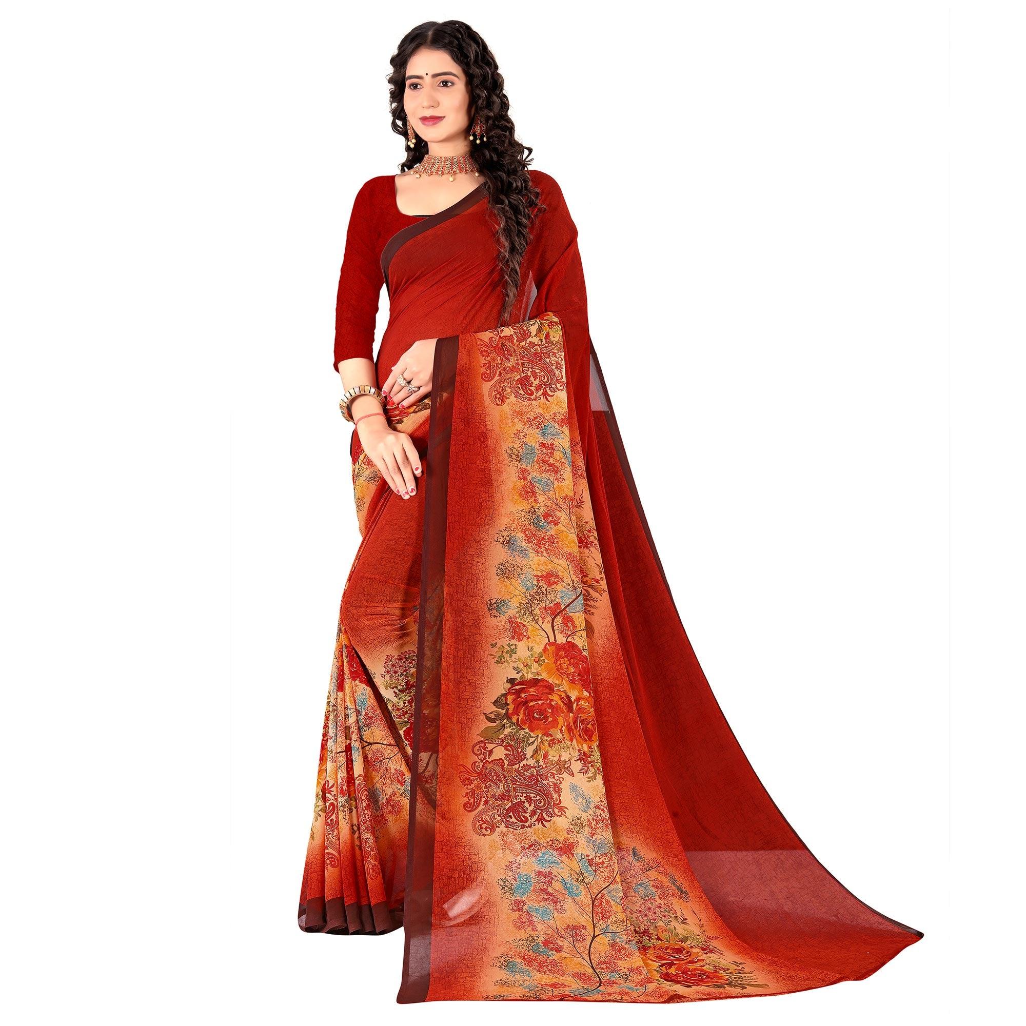 Rust Casual Wear Floral Digital Printed Heavy Georgette Saree - Peachmode