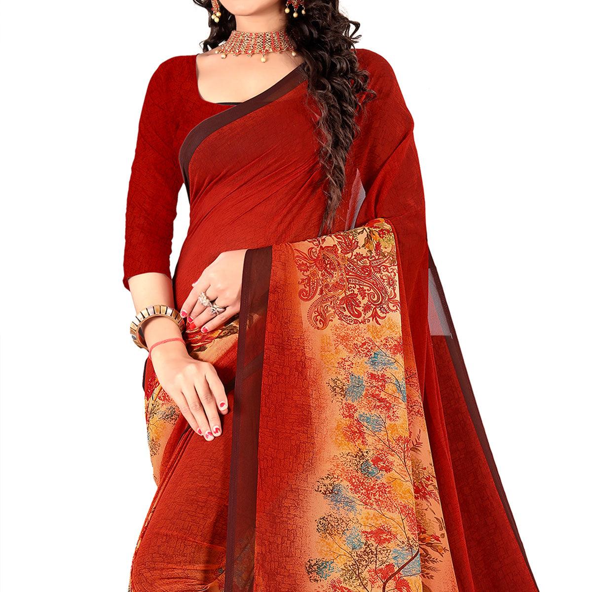 Rust Casual Wear Floral Digital Printed Heavy Georgette Saree - Peachmode